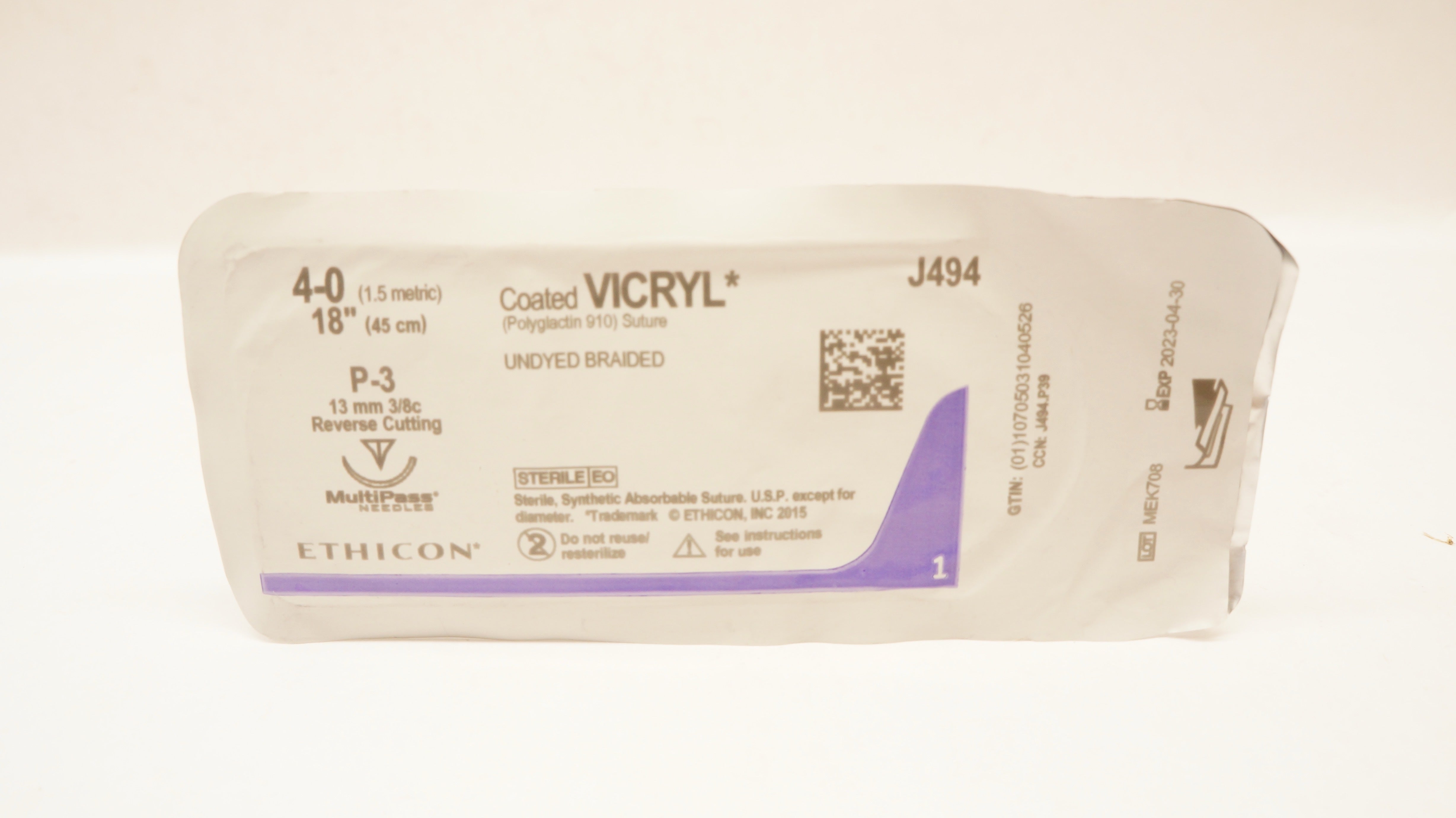 Ethicon J494 4-0 Coated VICRYL Stre P-3 13mm 3/8c Reverse Cutting, 18inch