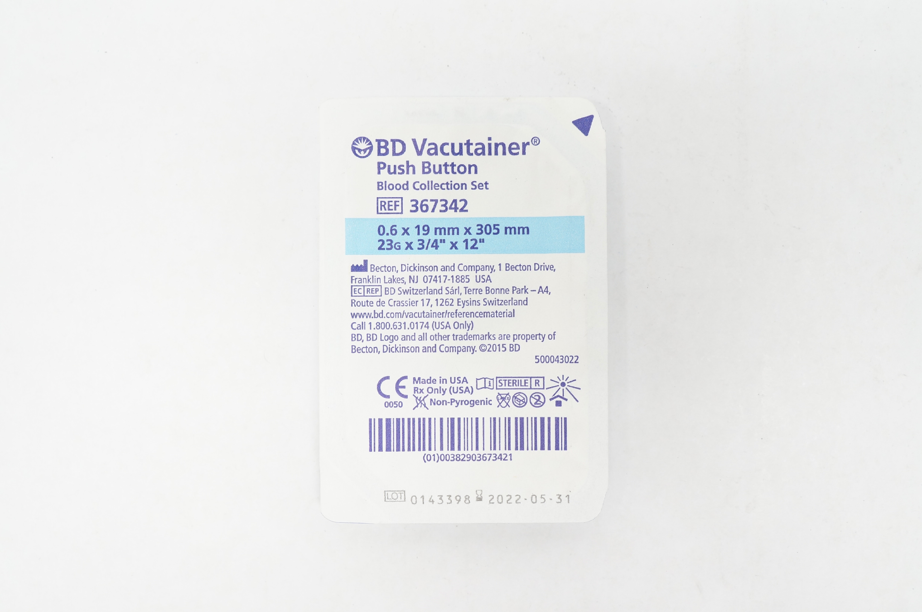 BD 367342 Vacutainer Push Button Blood Collection Set 23G x 3/4inch x 12inch (x)