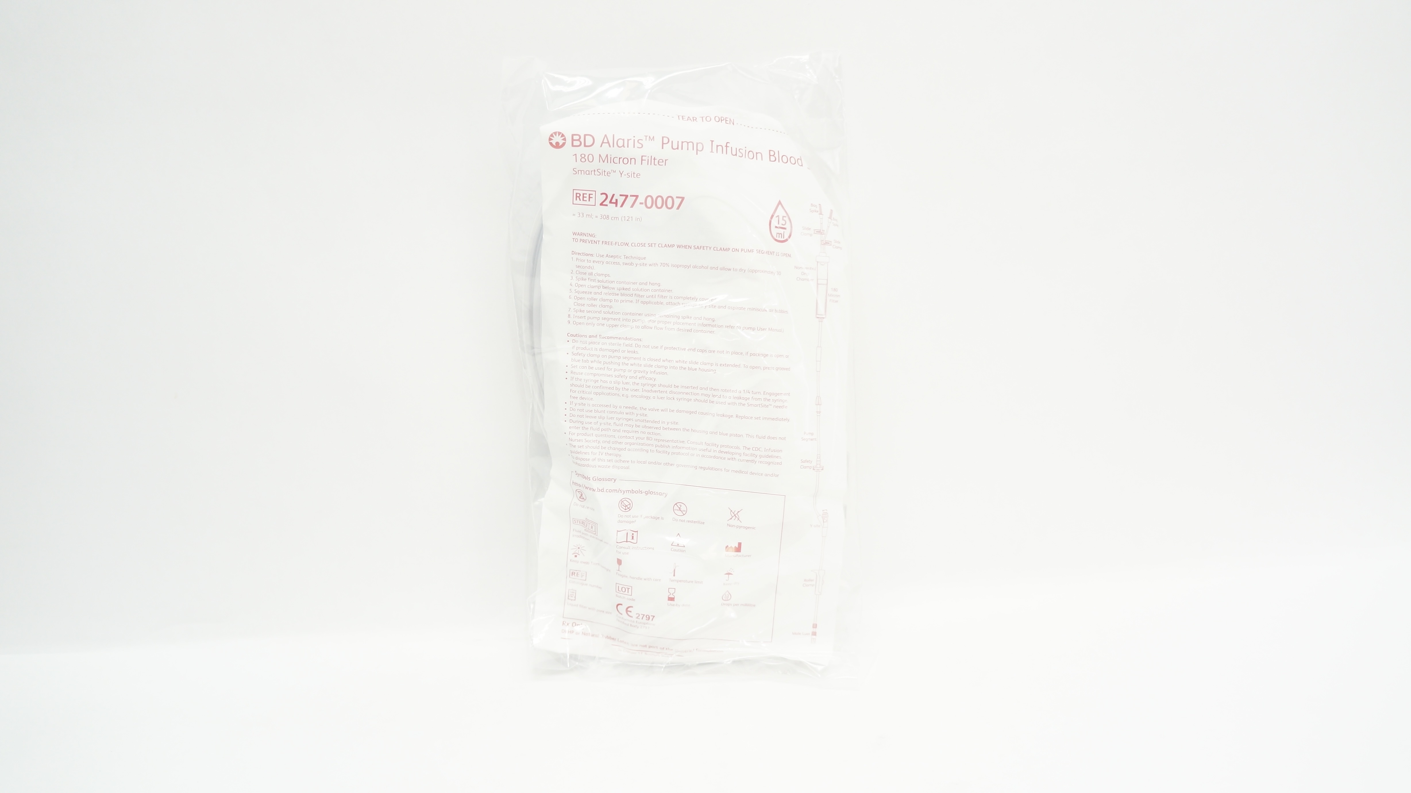 BD 2477-0007 Alaris Pump Infusion Blood Set, 180 Micron Filter, 33mL x 121inch