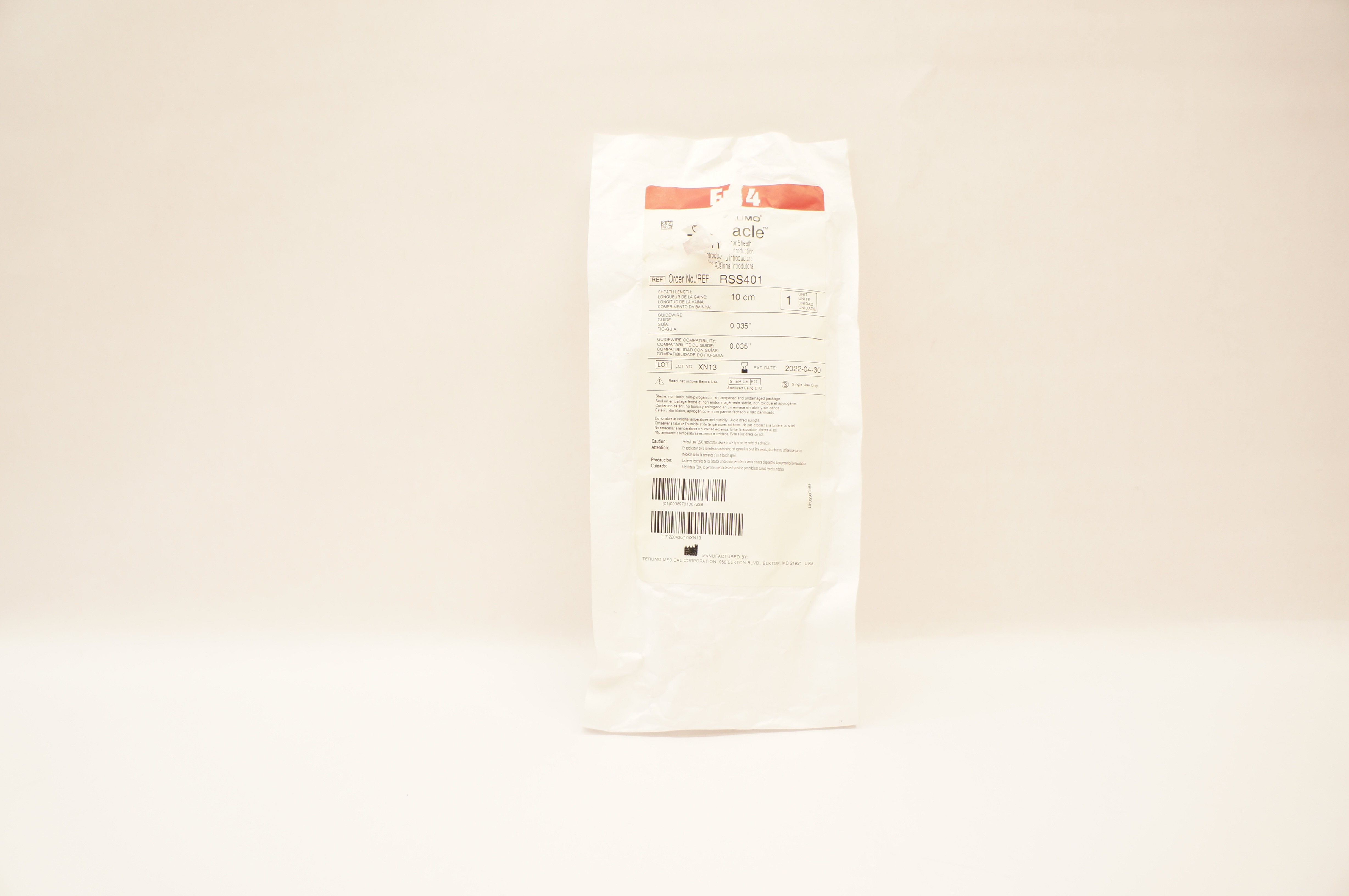 Terumo RSS401 Pinnacle Introducer Sheath 4Fr x 10cm x 0.035 inch x 0.035inch (x)