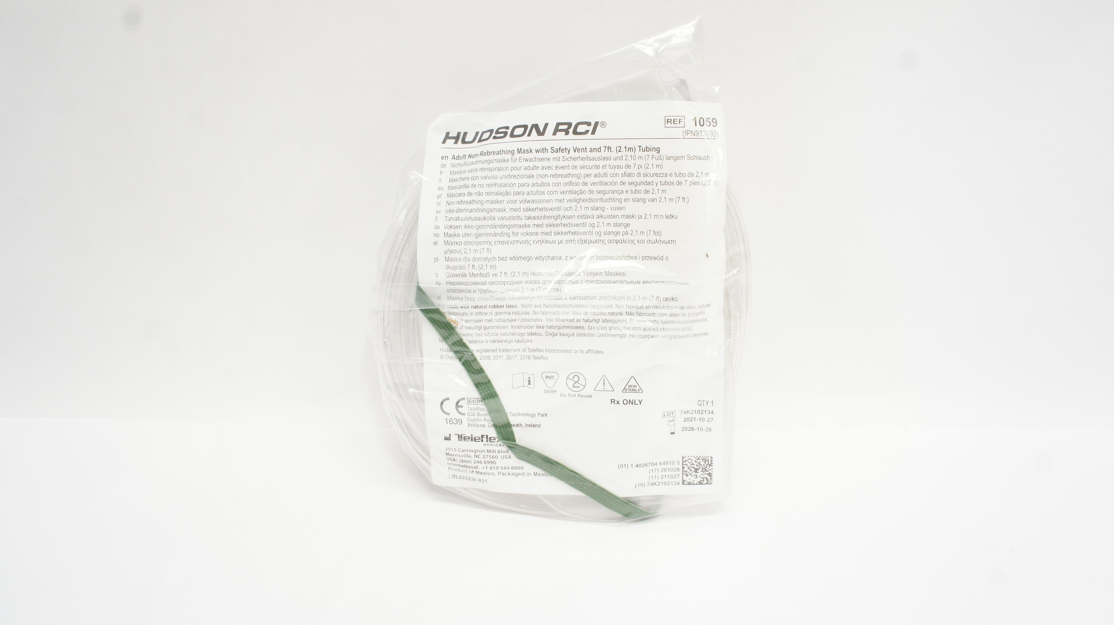 Teleflex 1059 Hudson RCI Adult Non-Rebreathing Mask w/Safety Vent & 7 ft. Tubing