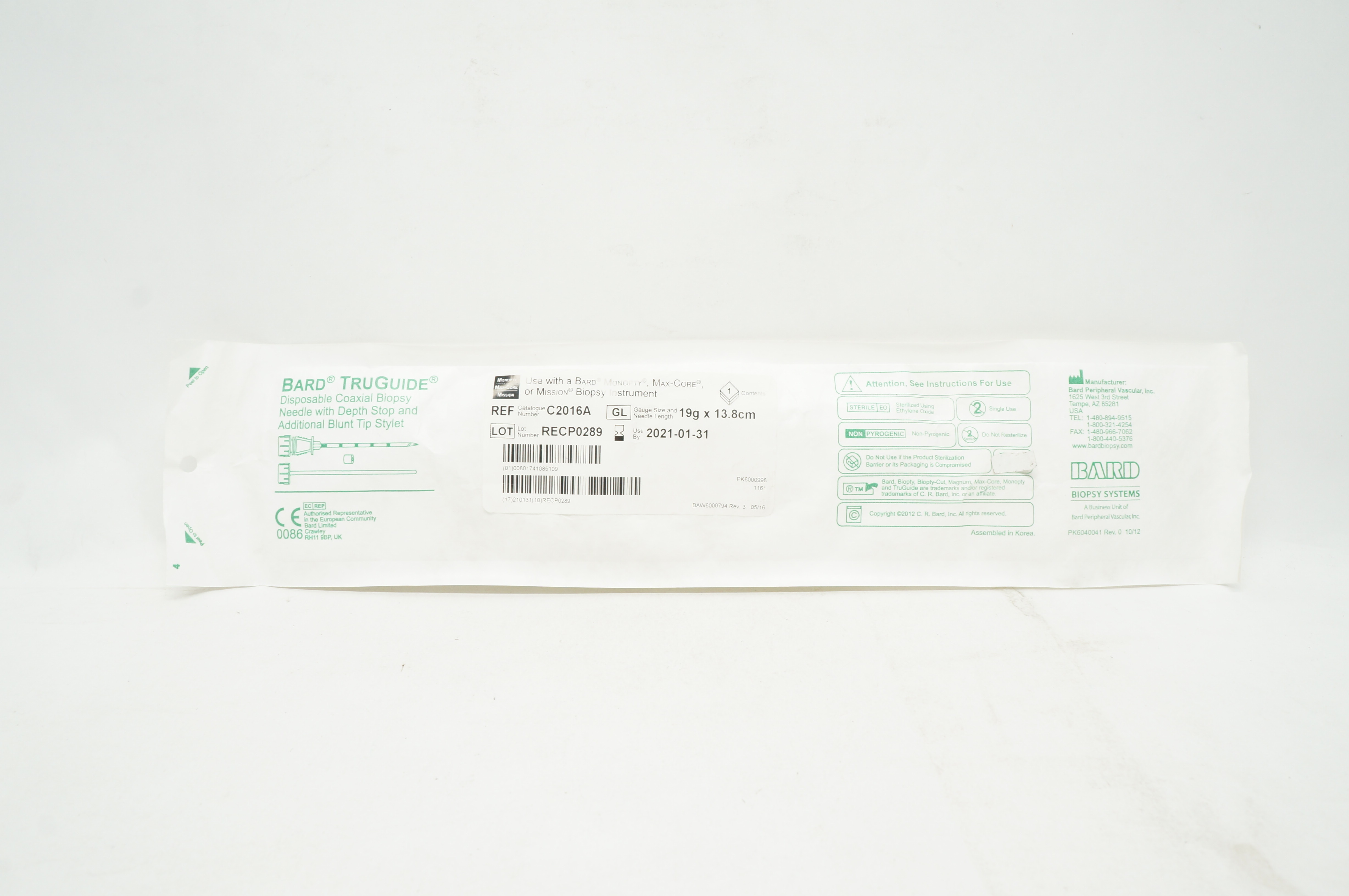 Bard C2016A TruGuide Disposable Coaxial Biopsy Ndle. 19g x 13.8cm (x)