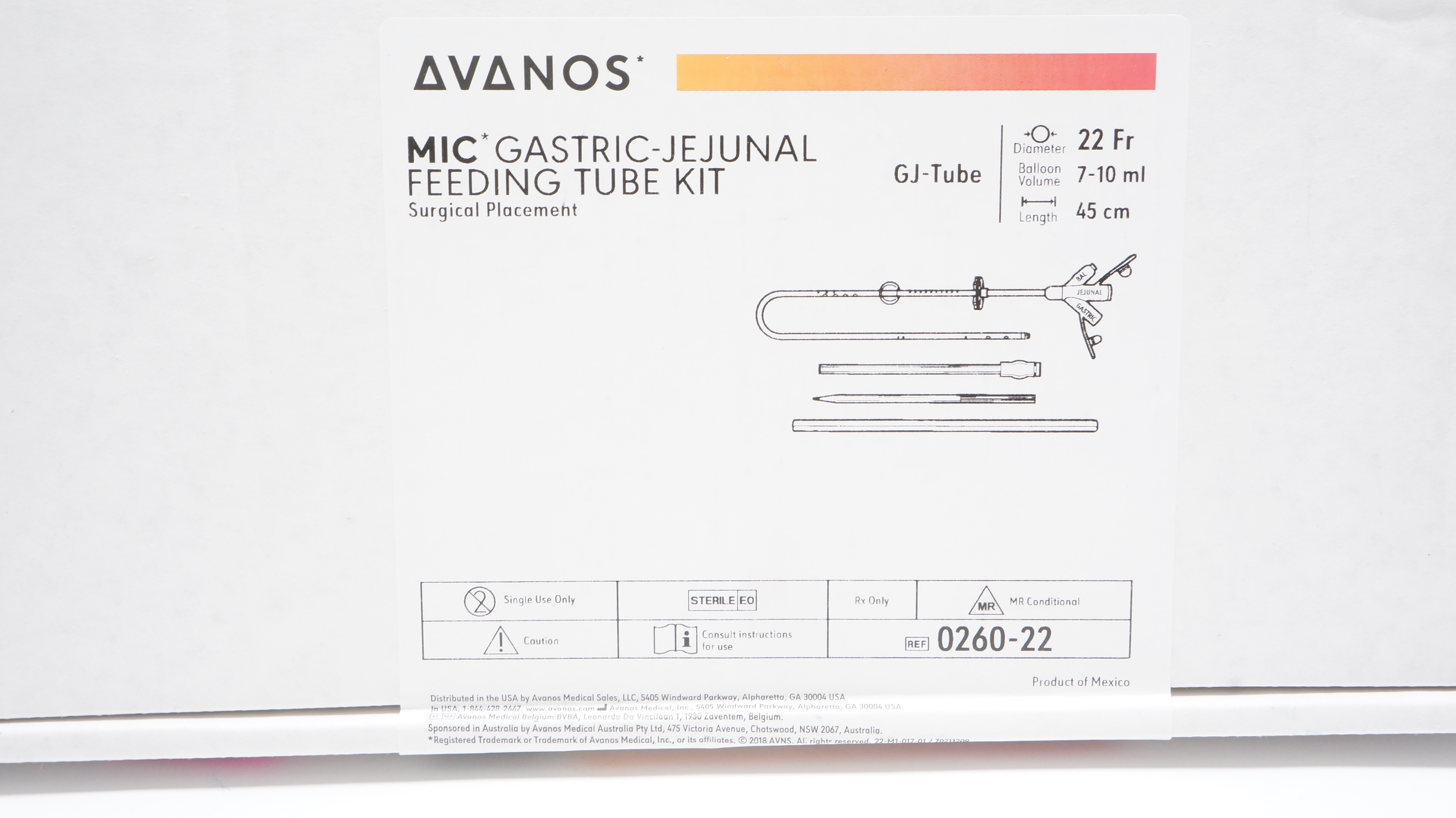 Avanos 0260-22 MIC Gastric-Jejunal Feeding Tube Kit 22Fr x 45cm 7-10ml (x)