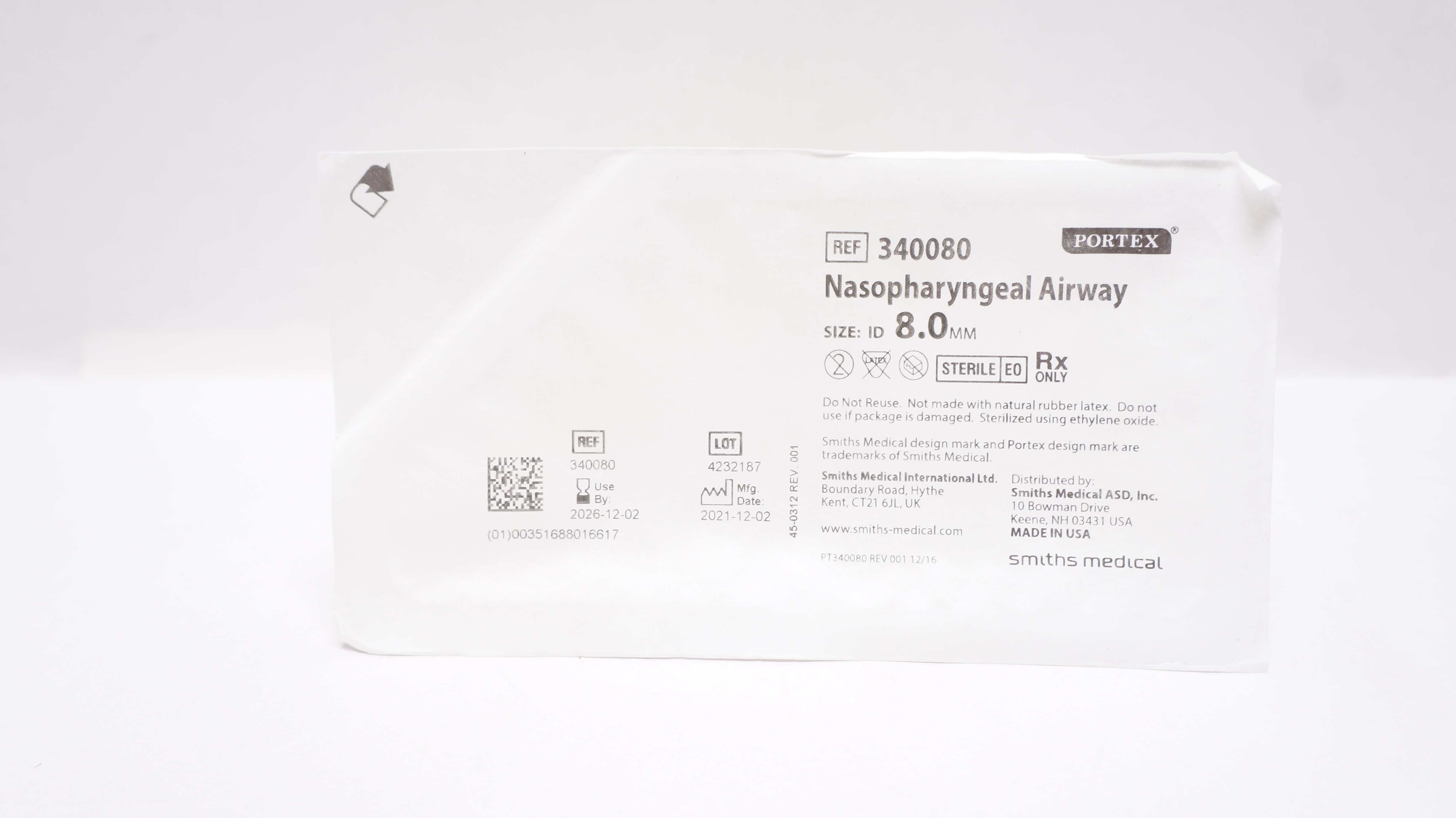 Smiths Medical 340080 Portex Nasopharyngeal Airway 8.0mm ID