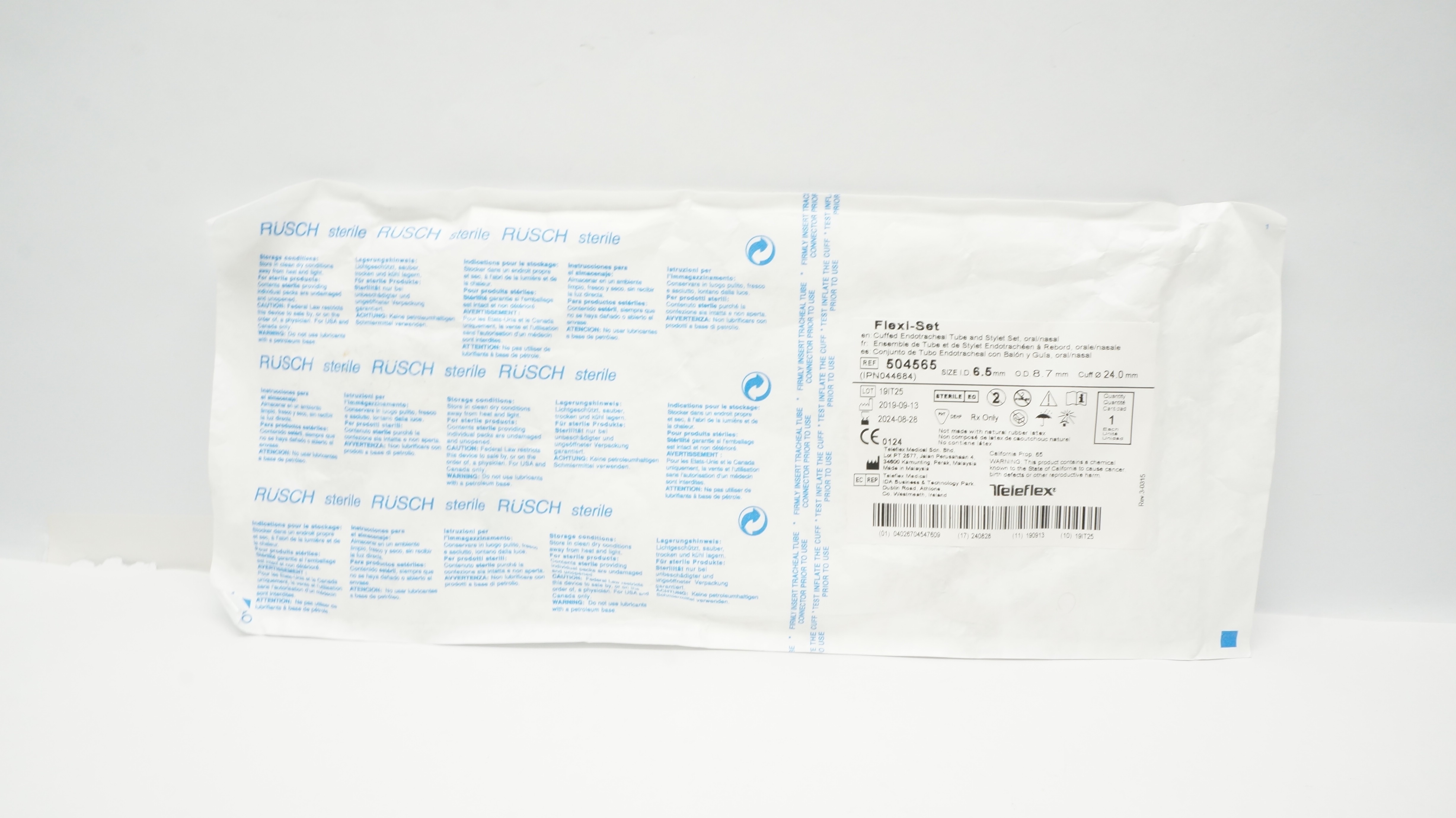 Teleflex 504565 Cuffed Endotracheal Tube Stylet Set 6.5mm ID x 8.7mm ODx24mm (x)