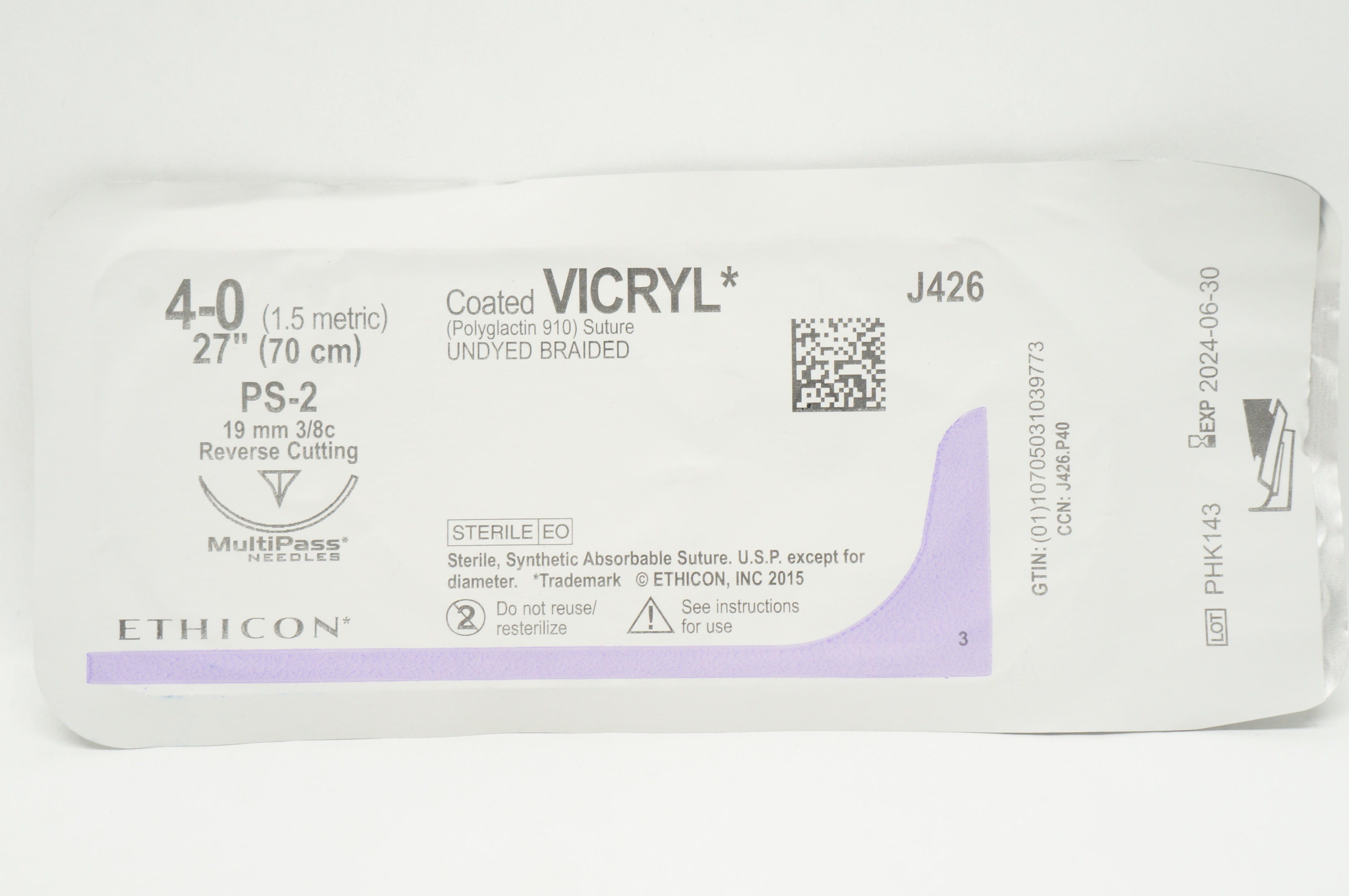 Ethicon J426 4-0 Coated Vicryl Stre PS-2 19mm 3/8c Reverse Cutting, 27inch