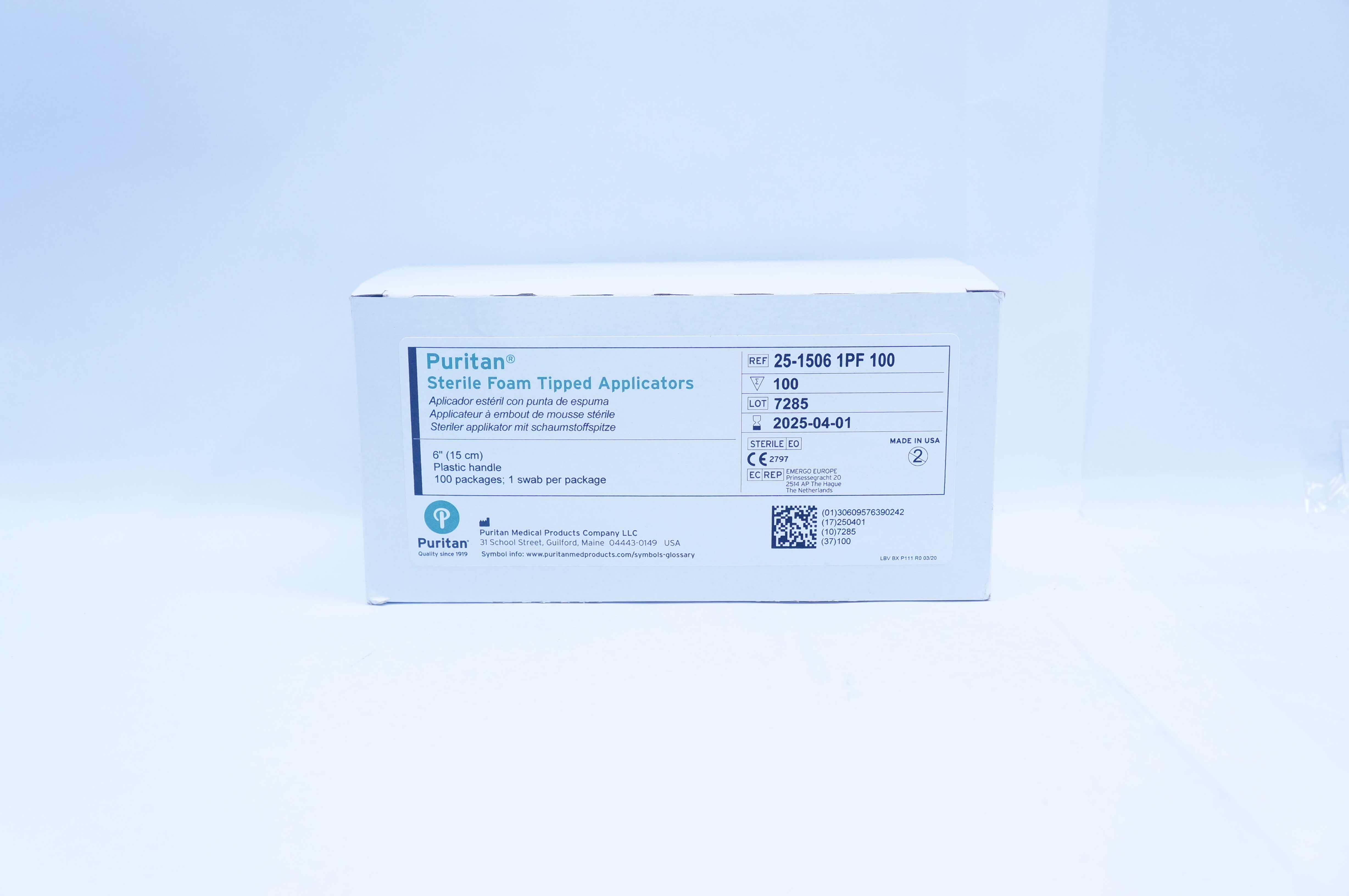 Puritan 25-1506 1PF 100 Foam Tipped Applicators 6in Plastic Handle - Box of 100