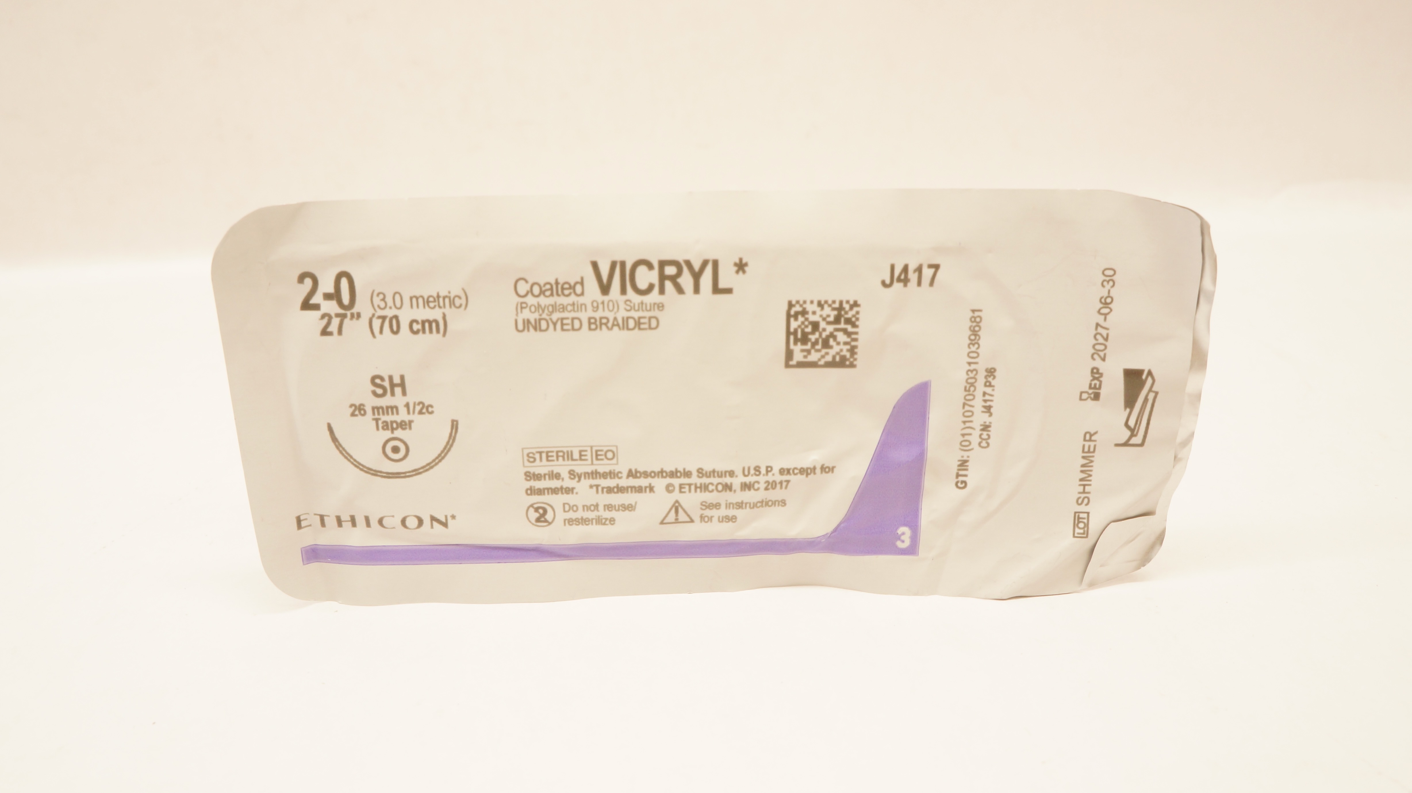Ethicon J417 2-0 Coated VICRYL, SH, 26mm 1/2c Taper, 27inch