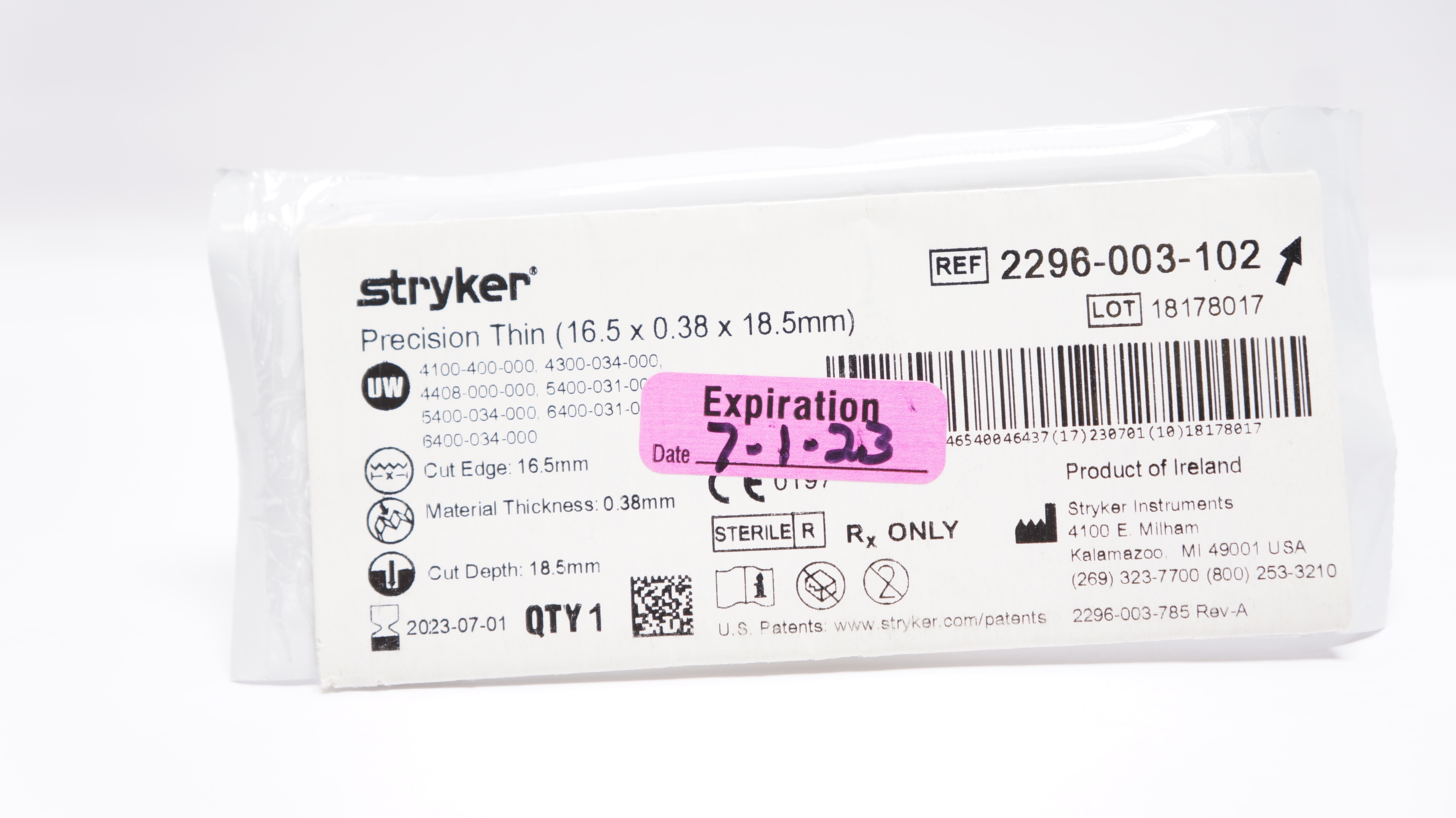 Stryker 2296-003-102 Precision Thin Blade 16.5 x 0.38 x 18.5mm (x)