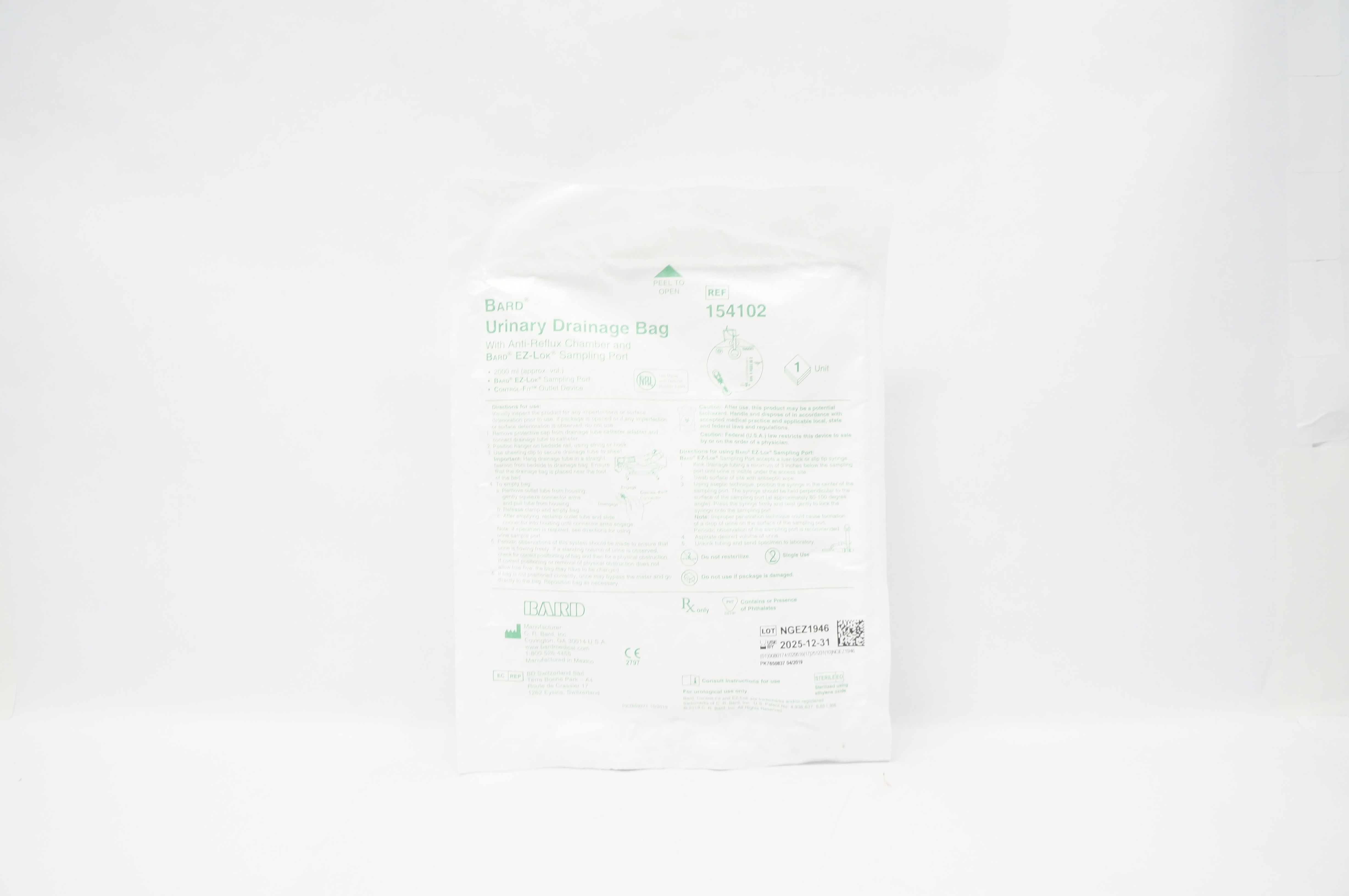 Bard 154102 Urine Drainage Bag w/ Anti-Reflux Chamber, 2000ml