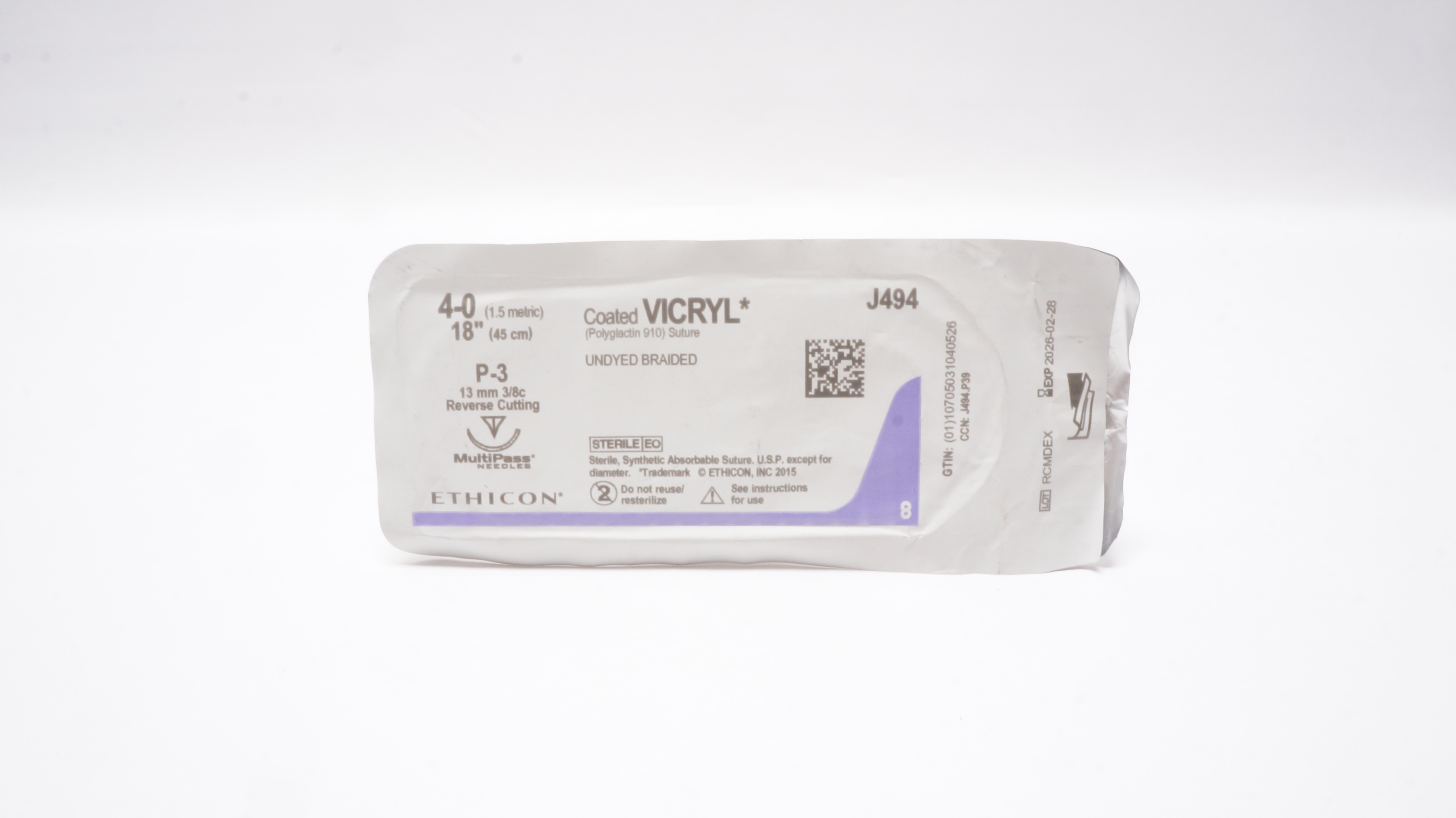 Ethicon J494 4-0 Coated Vicryl Stre P-3 13mm 3/8c Reverse Cutting 18inch