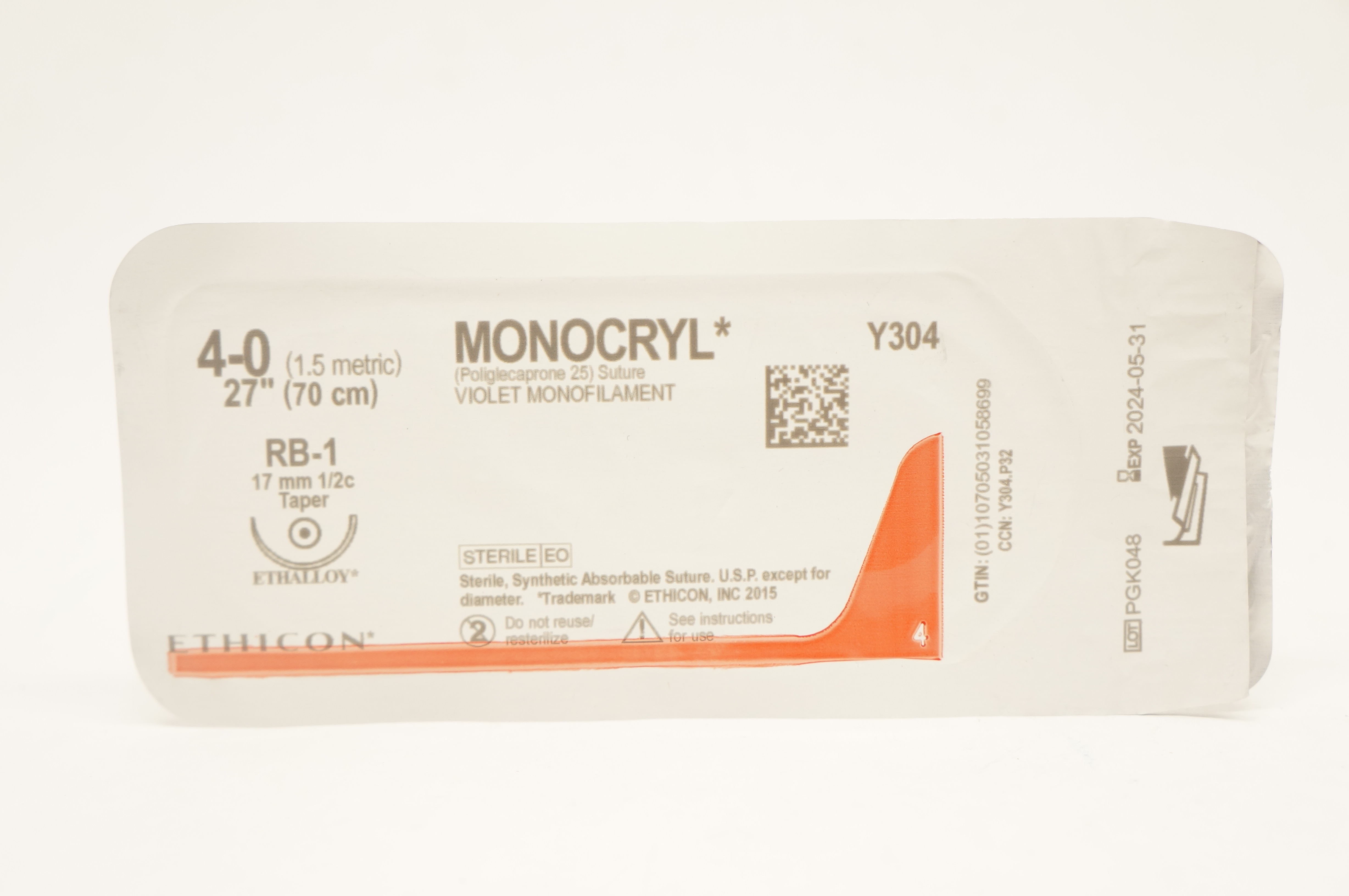 Ethicon Y304 4-0 MONOCRYL, RB-1, 17mm 1/2c Taper, 27inch