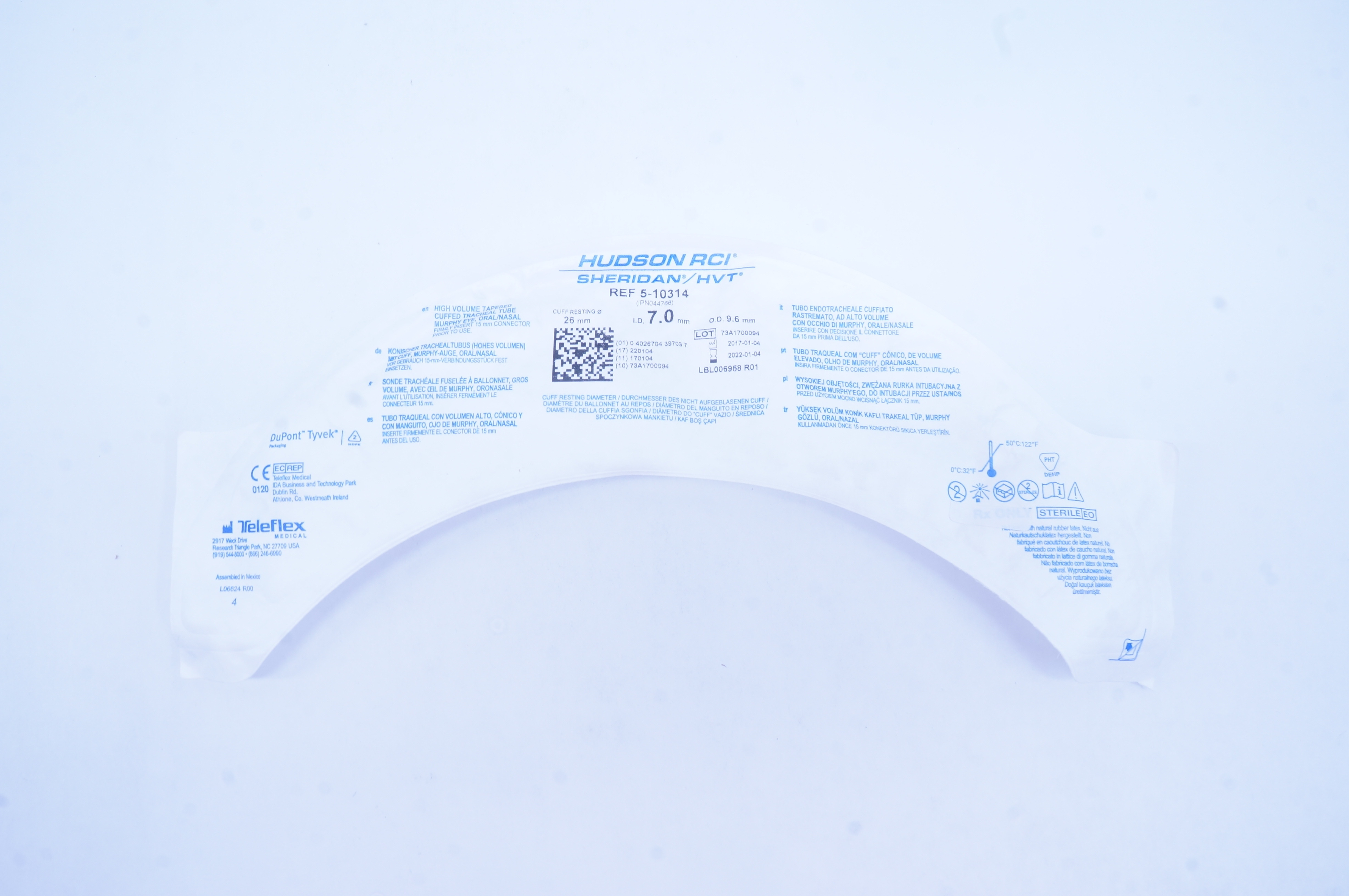 Teleflex 5-10314 Tapered Cuffed Tracheal Tube Oral/Nasal 7.0mm I.D. x 9.6mm O.D.