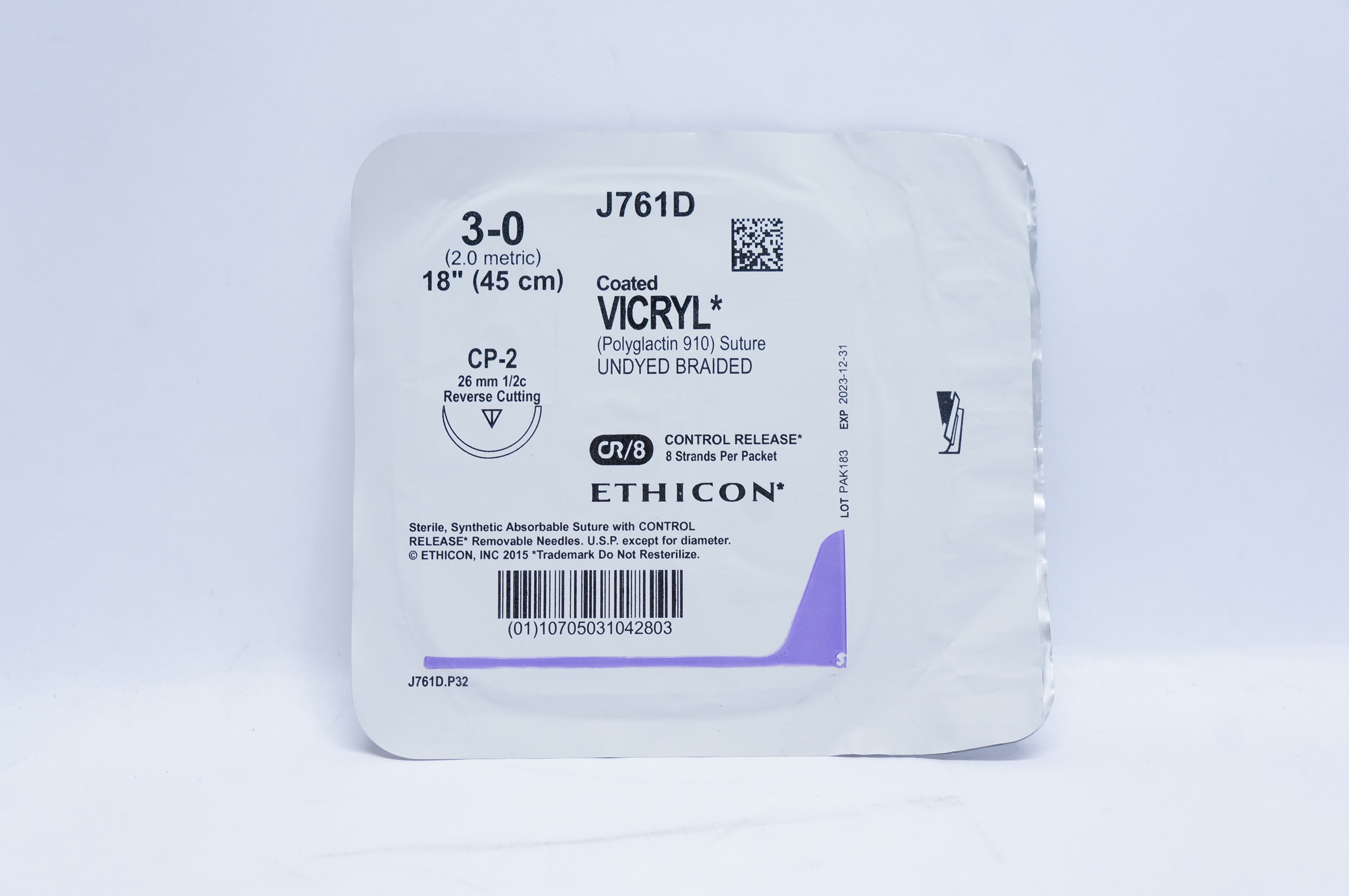Ethicon J761D 3-0 VICRYL, CP-2, 26mm 1/2c Reverse Cutting, 18inch