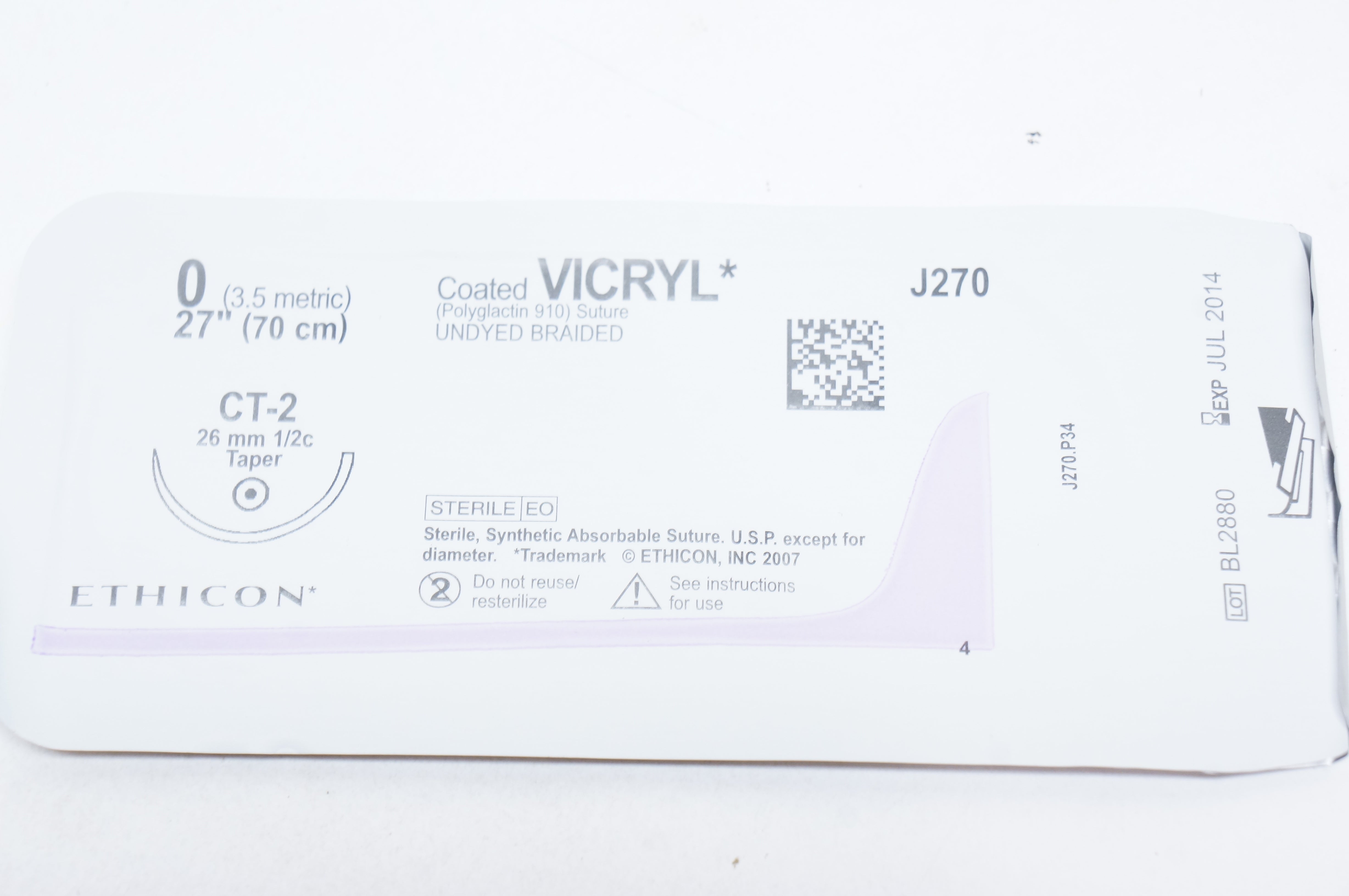 Ethicon J270 0 VICRYL, CT-2, 26mm 1/2c Taper, 27inch (x) - Box of 36