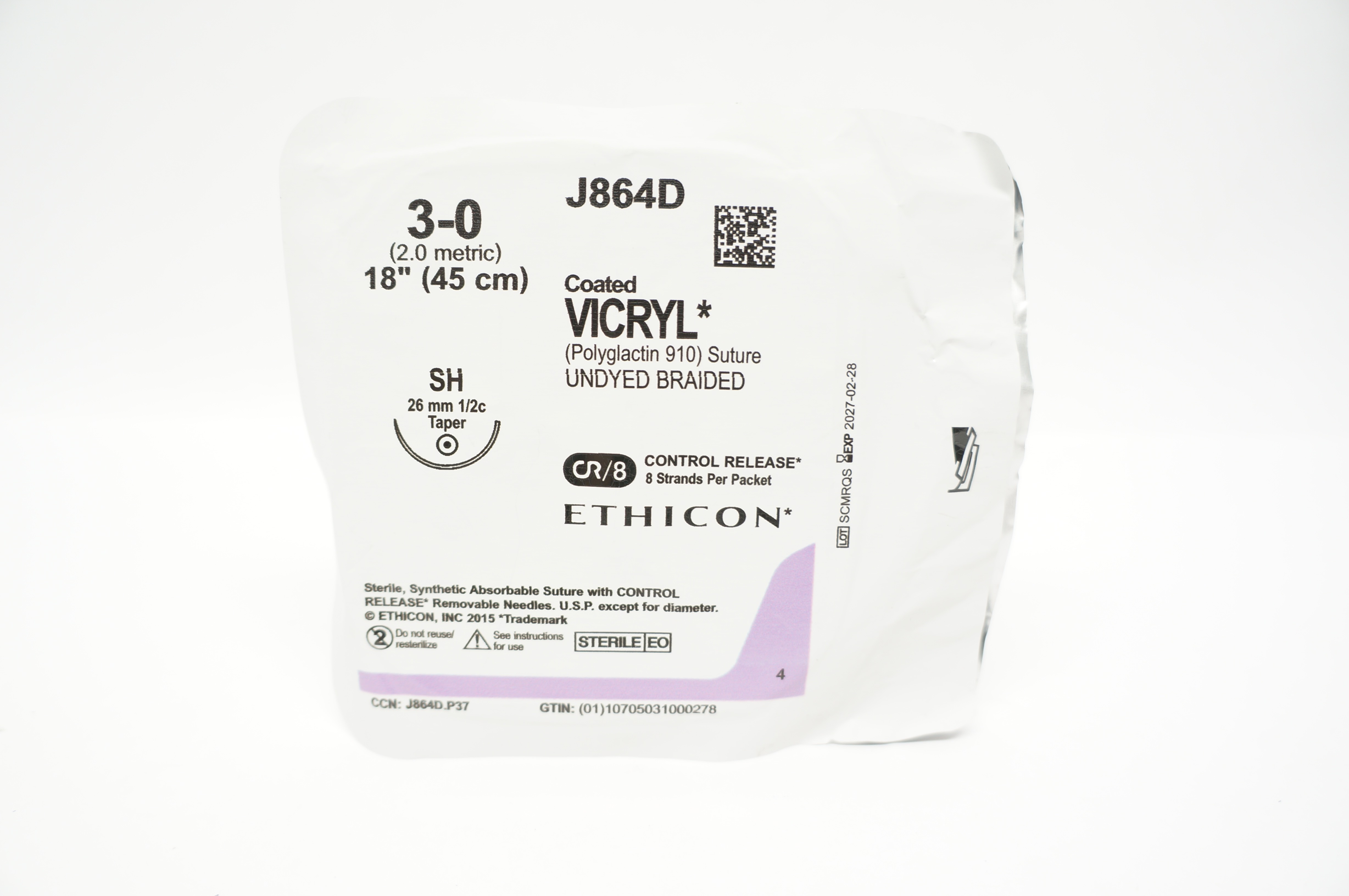 Ethicon J864D 3-0 Coated VICRYL Undyed Braided SH 26mm 1/2c Taper, 18inch