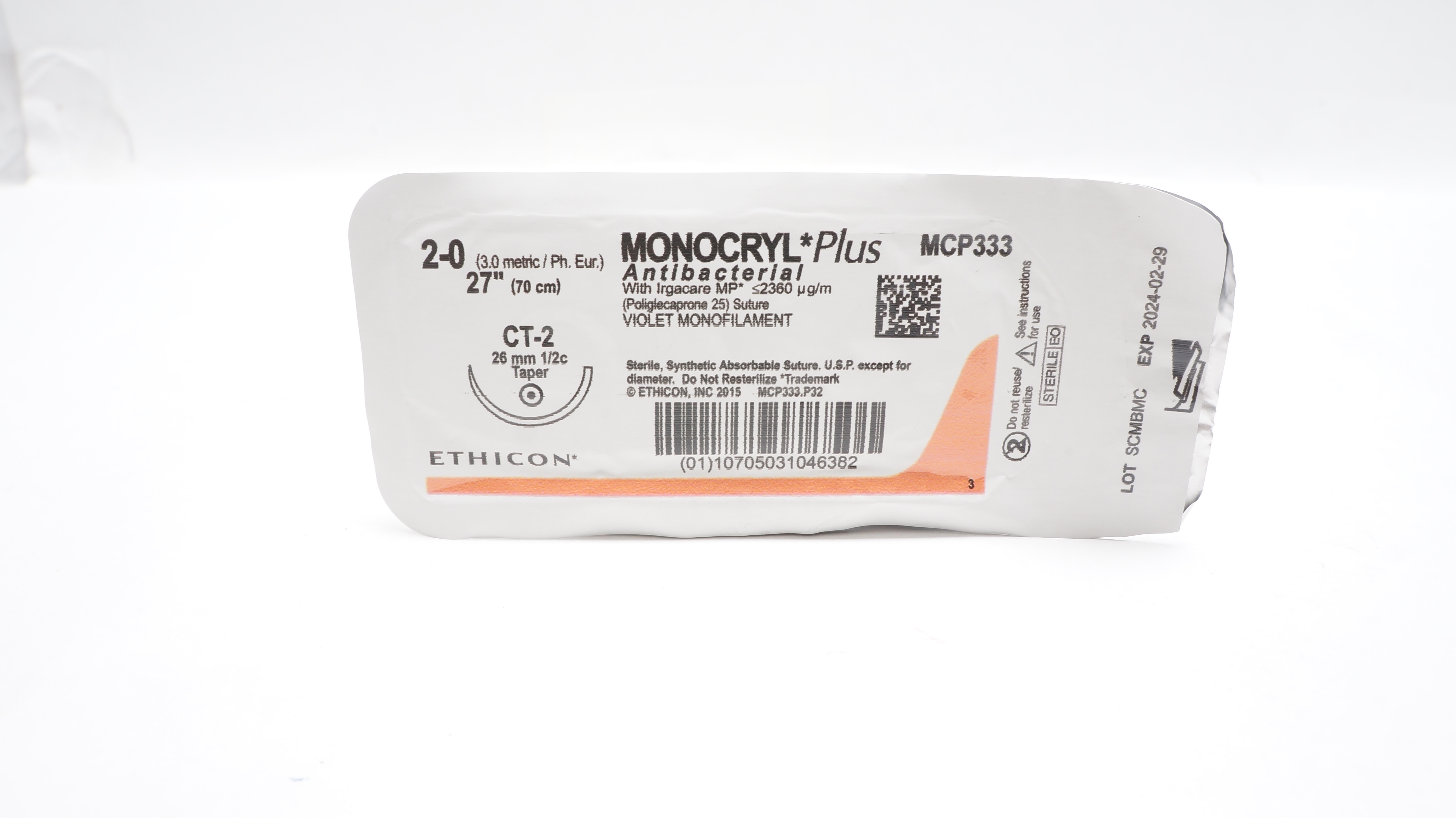 Ethicon MCP333 2-0 Monocryl+ Polyglecaprone 25 Stre.CT-2 26mm 1/2c Taper 27In(x)