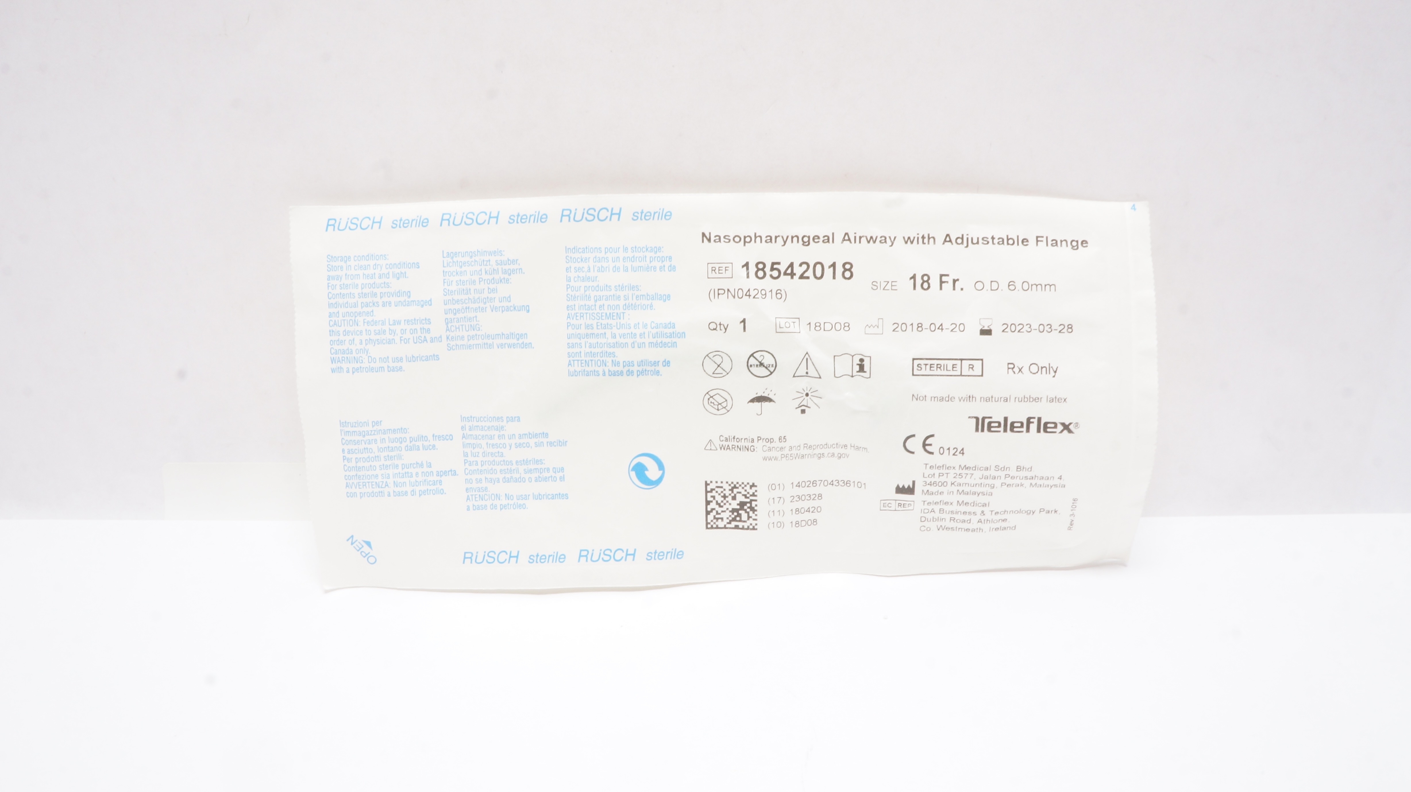 Teleflex 18542018 Nasopharyngeal Airway with Adjustable Flange 18Fr