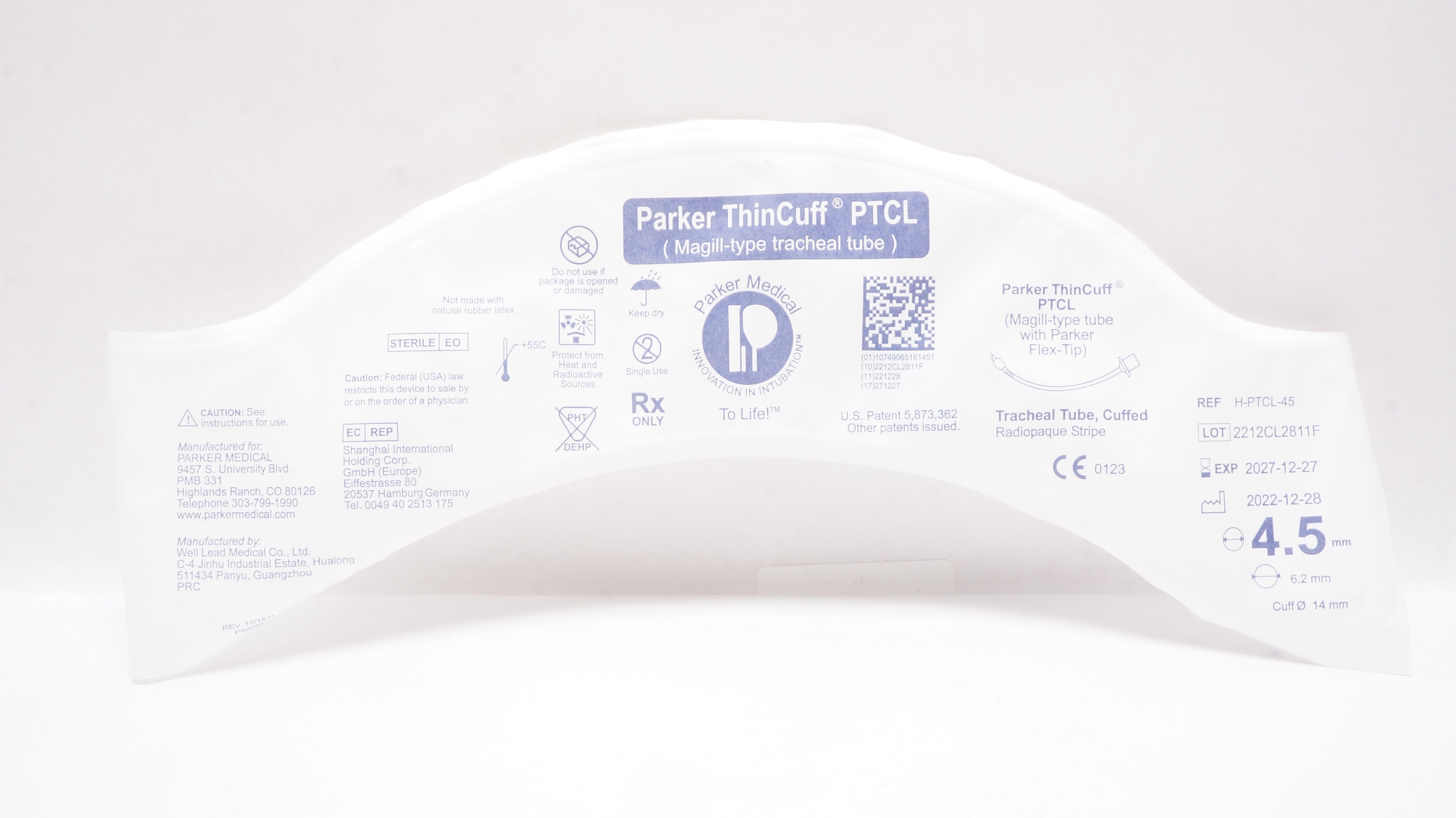 Parker Medical H-PTCL-45 ThinCuff PTCL Magill-Type Tracheal Tube 4.5mm