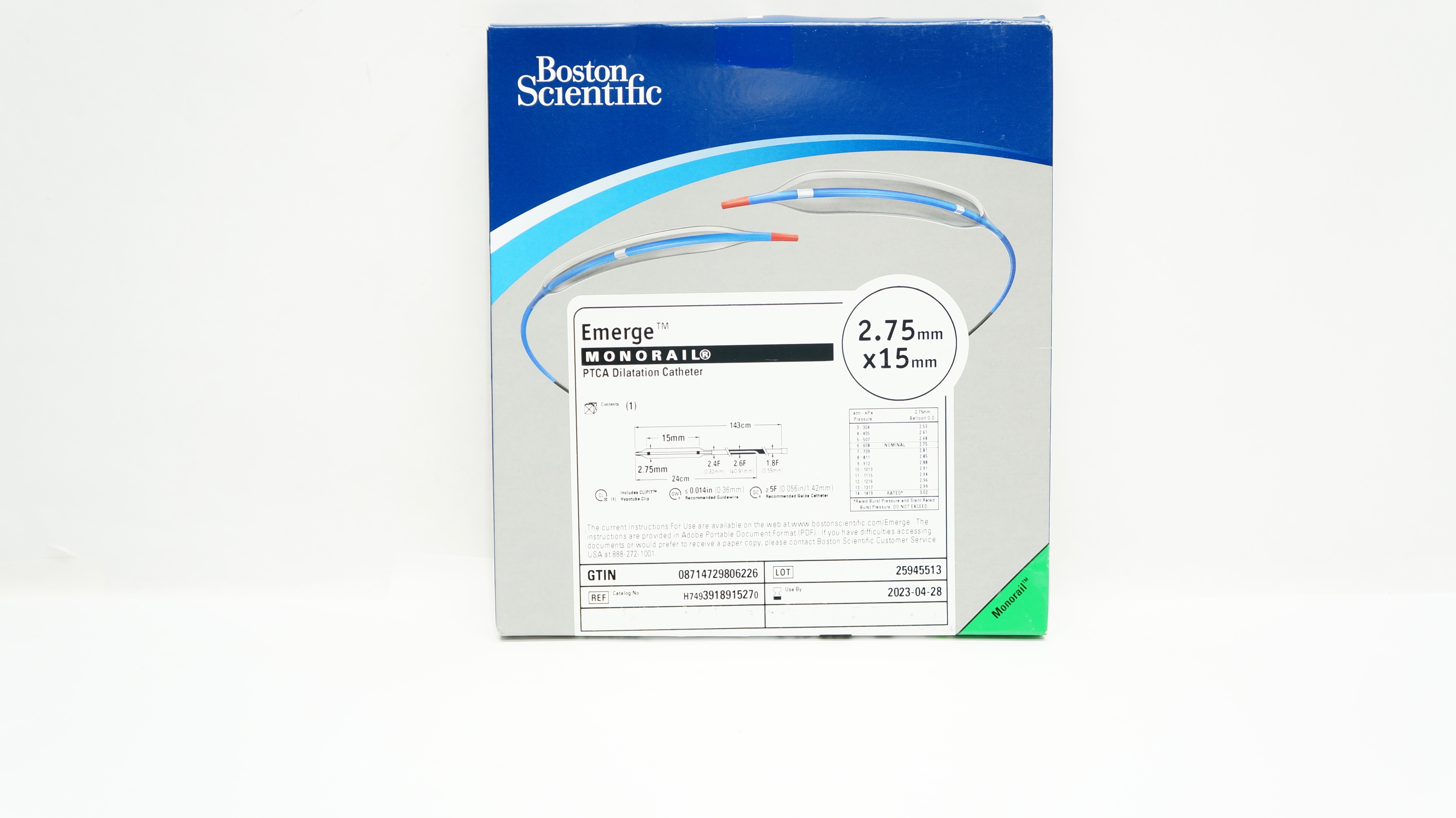 Boston Scientific 391891527 Emerge MONORAIL PTCA Dilatation Cath. 2.7 x 15mm(x)