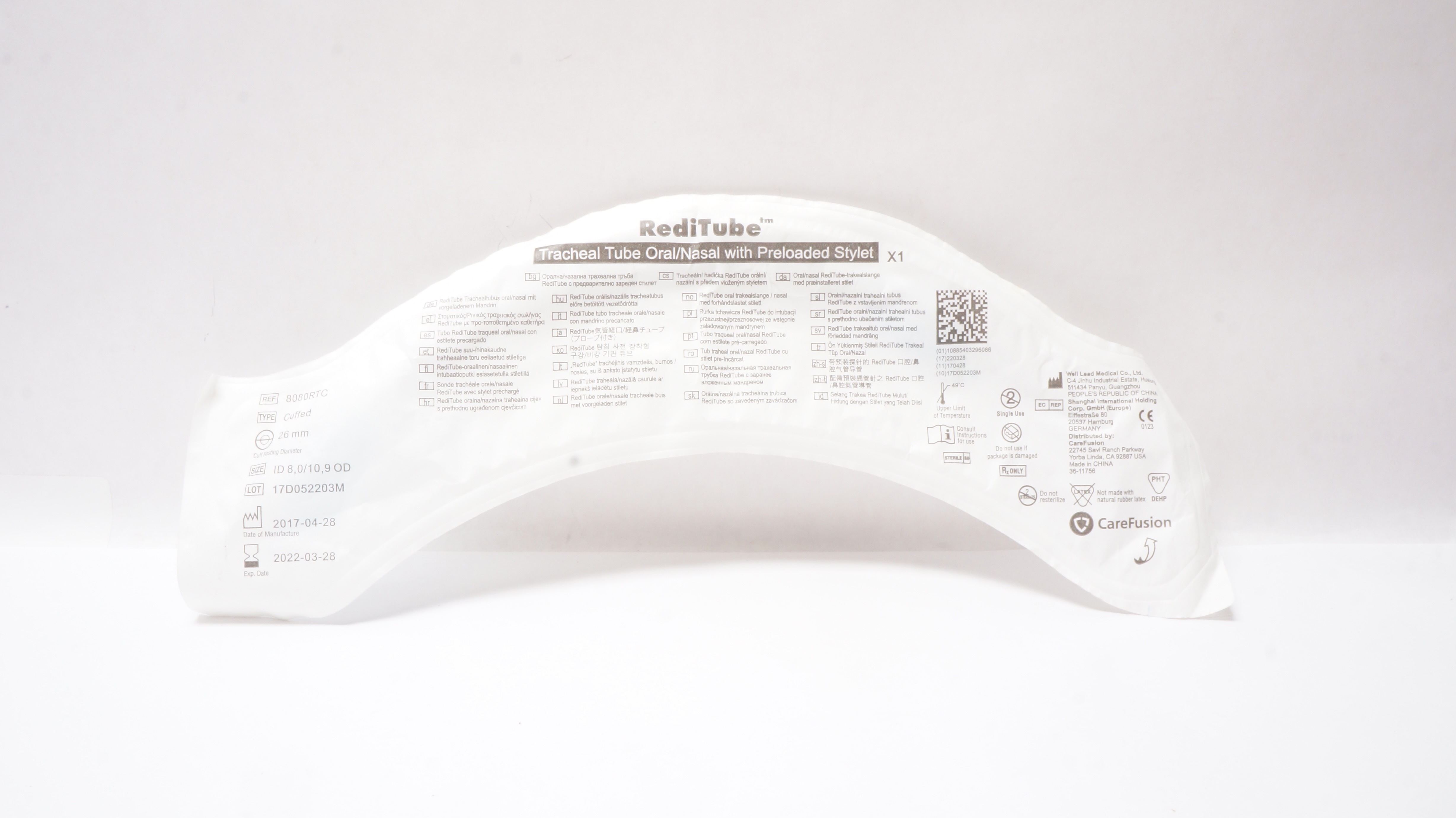 CareFusion 8080RTC RediTube Oral/Nasal Tracheal Tube 8.0mm x 10.9mm x 26mm (x)