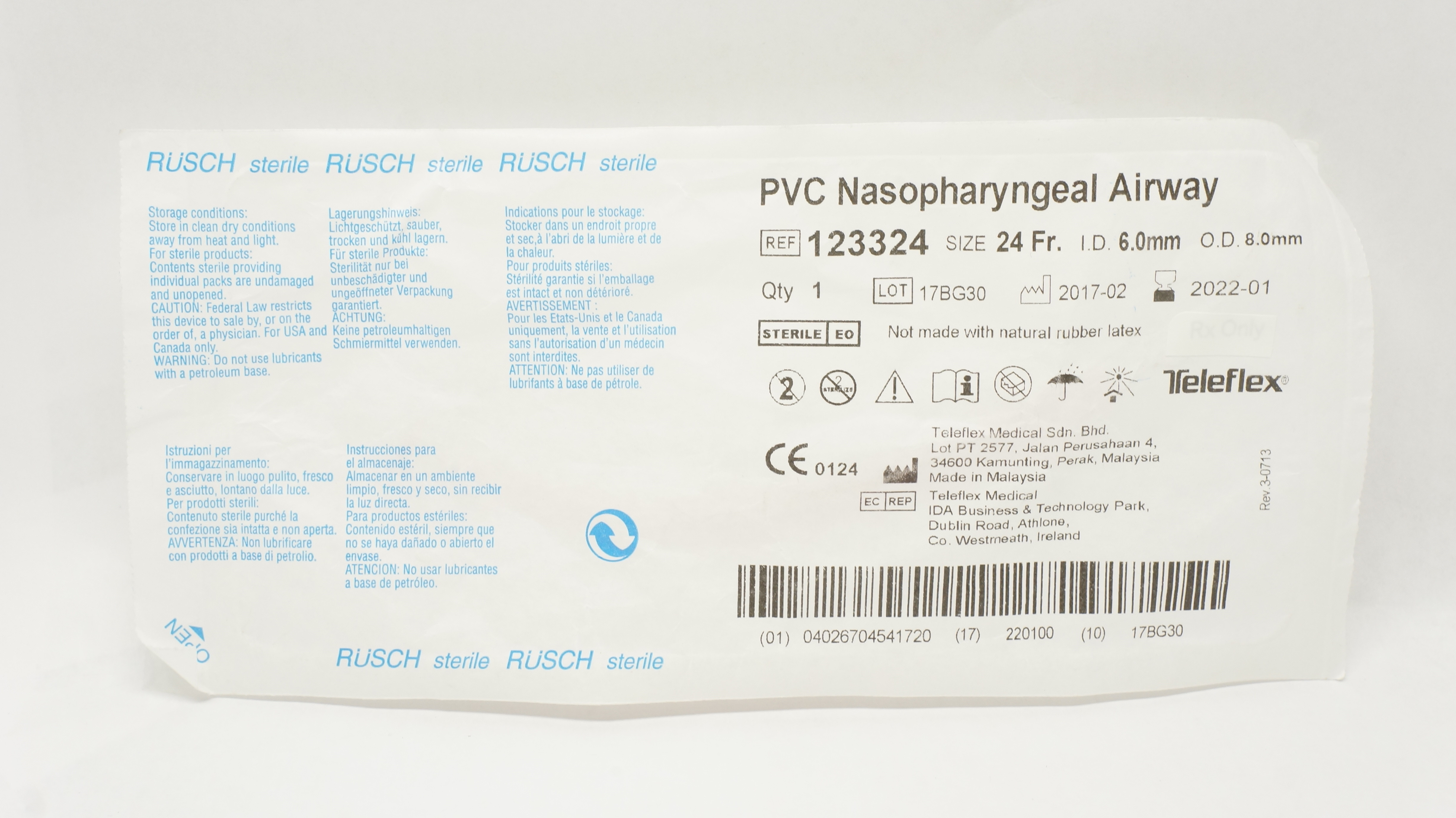 Teleflex 123324 Rusch PVC Nasopharyngeal Airway 24 Fr x 6.0mm ID x 8.0mm OD (x)