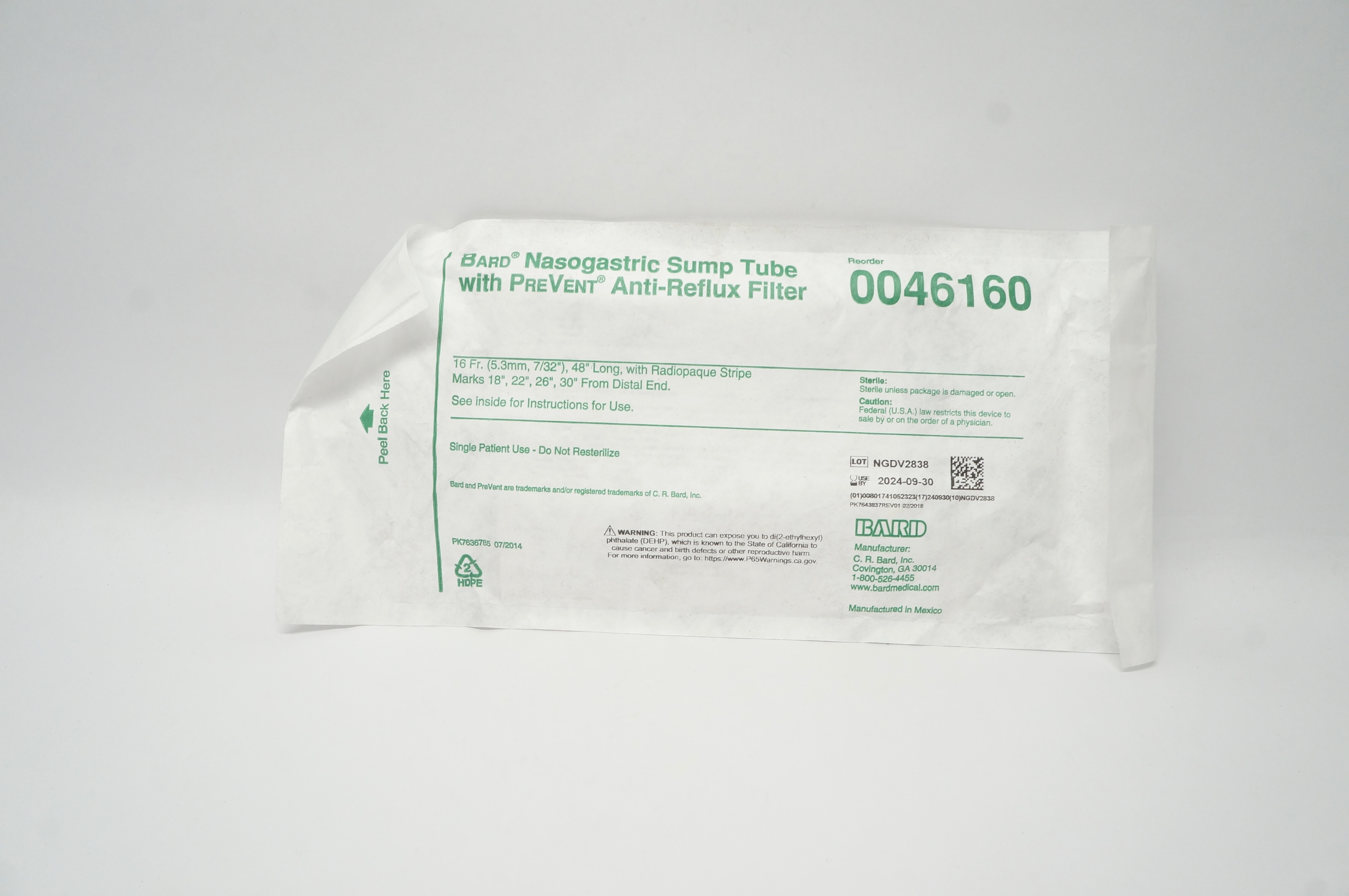 Bard 0046160 Nasogastric Sump Tube With PreVent Anti-Reflux Filter