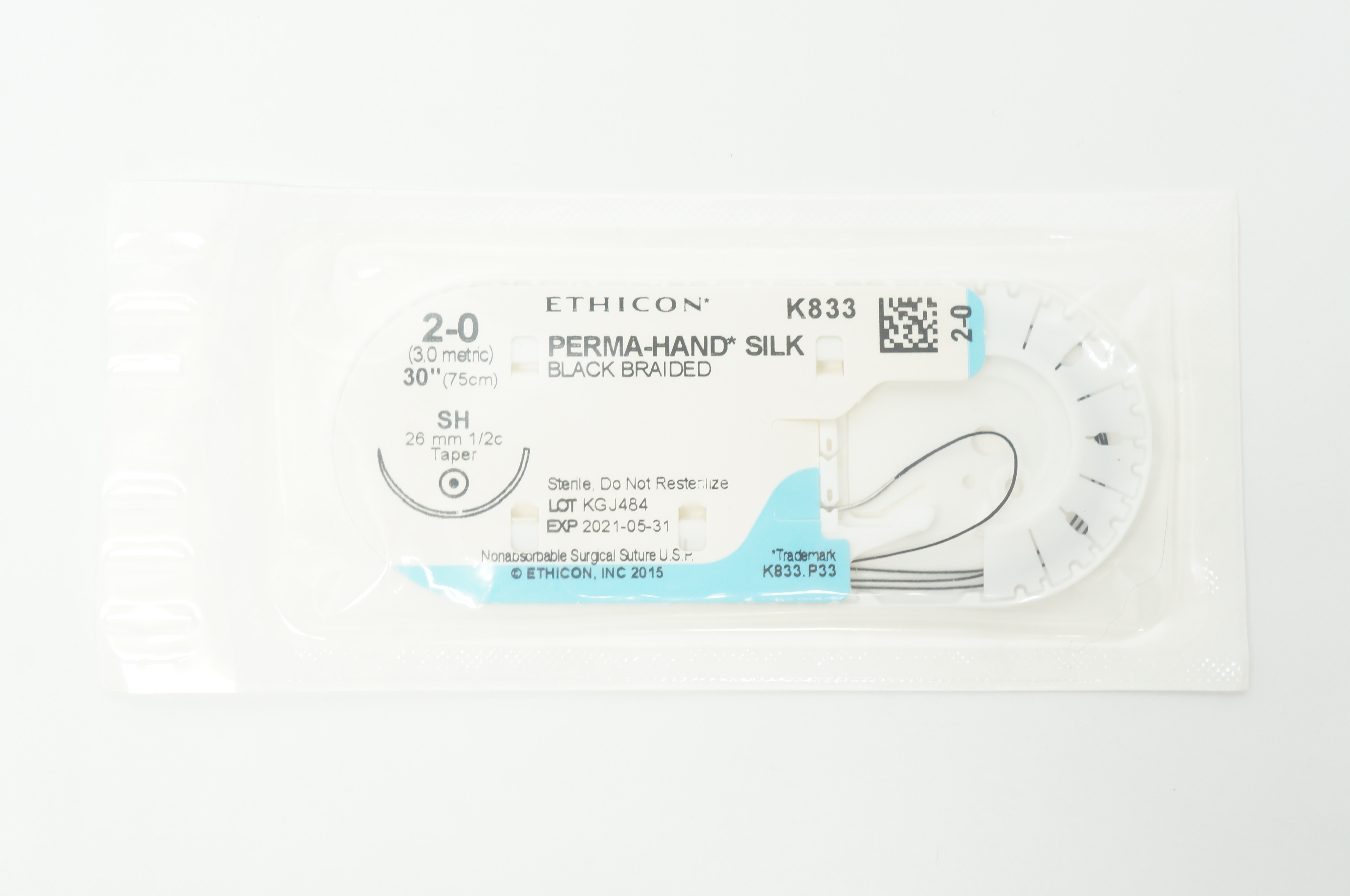 Ethicon K833 2-0 PERMA-HAND SILK, SH, 26mm 1/2c Taper, 30inch