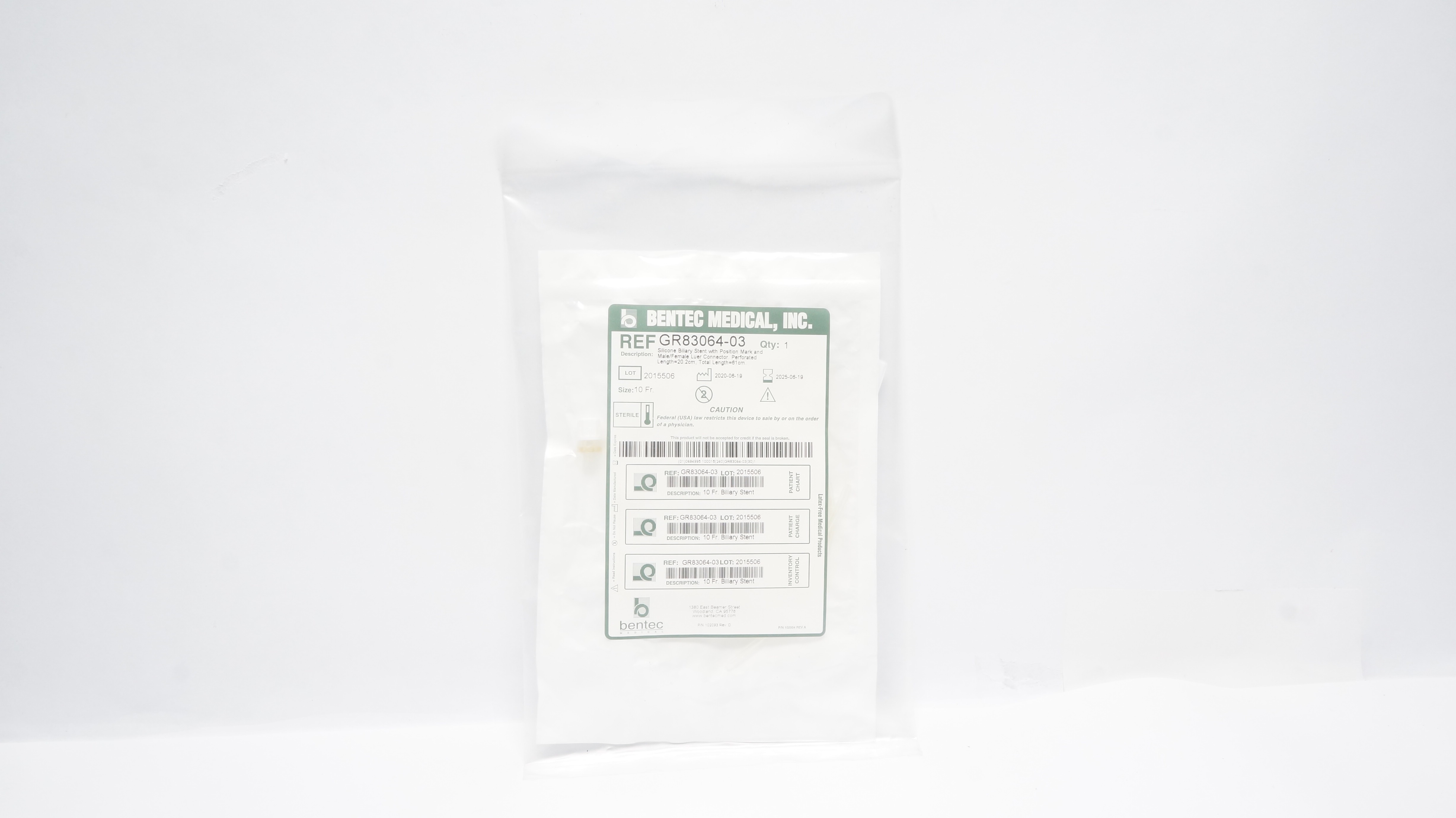 BENTEC MEDICAL GR83064-03 Silicone Biliary Stent, 10Fr x 20.2cm (x)