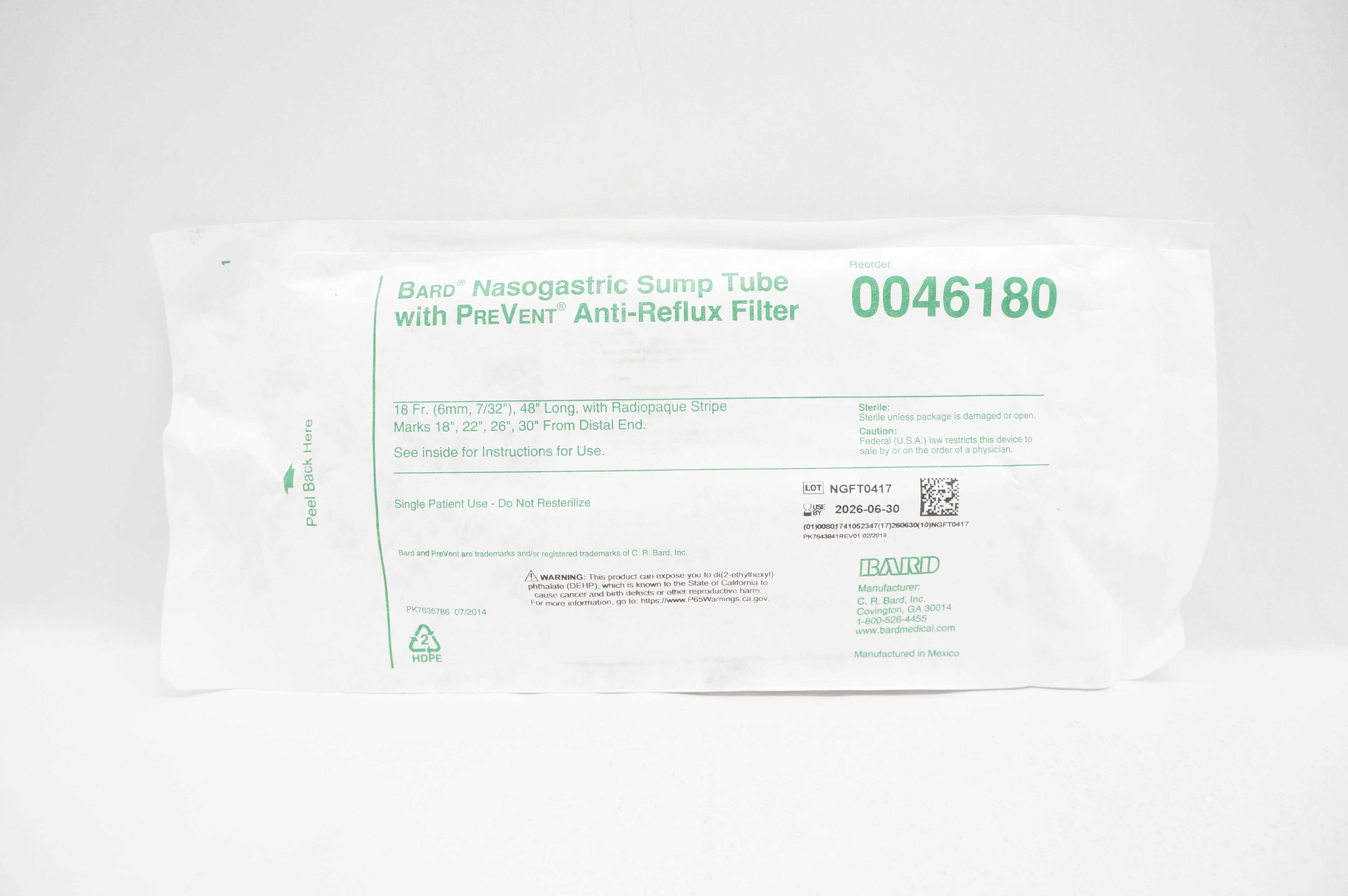 Bard 0046180 Nasogastric Sump Tube With PreVent Anti-Reflux Filter 18Fr