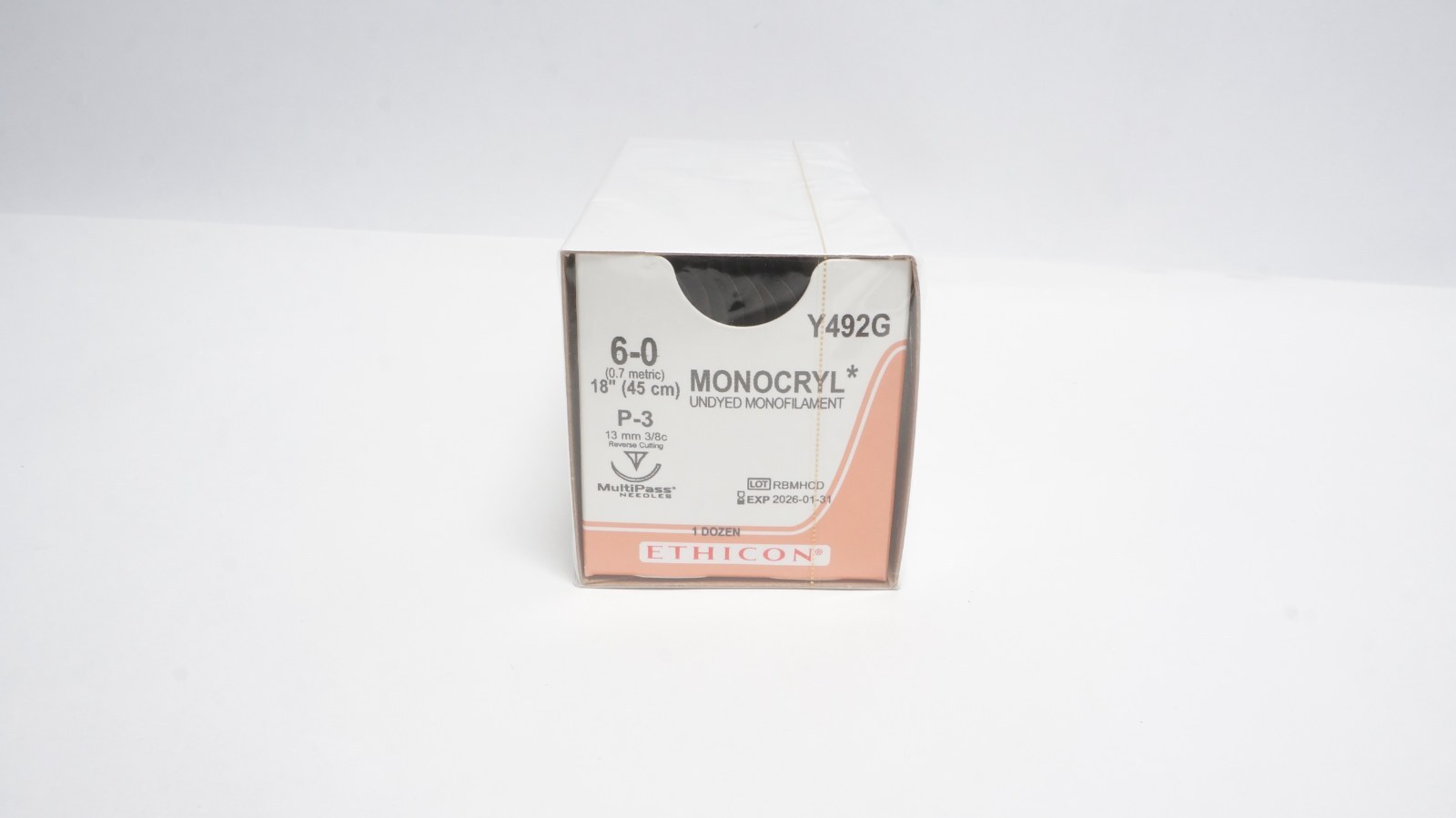 ETHICON Y492G MONOCRYL 6-0 Undyed Sutures 18in P-3 Needle - box of 12