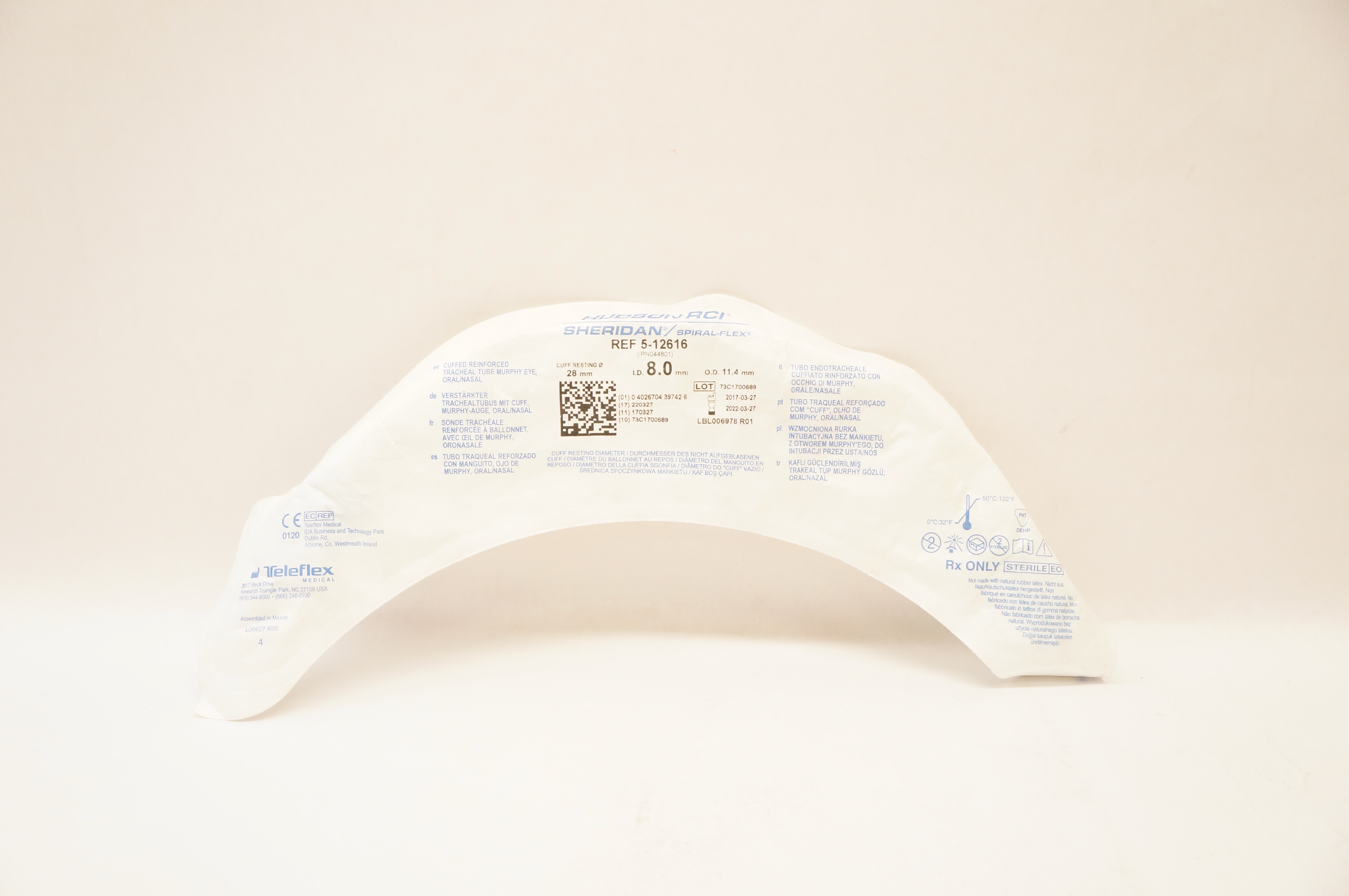 Teleflex 5-12616 Hudson RCI Sheridan Tracheal Tube 8.0mm x 11.4mm x 28mm(x)