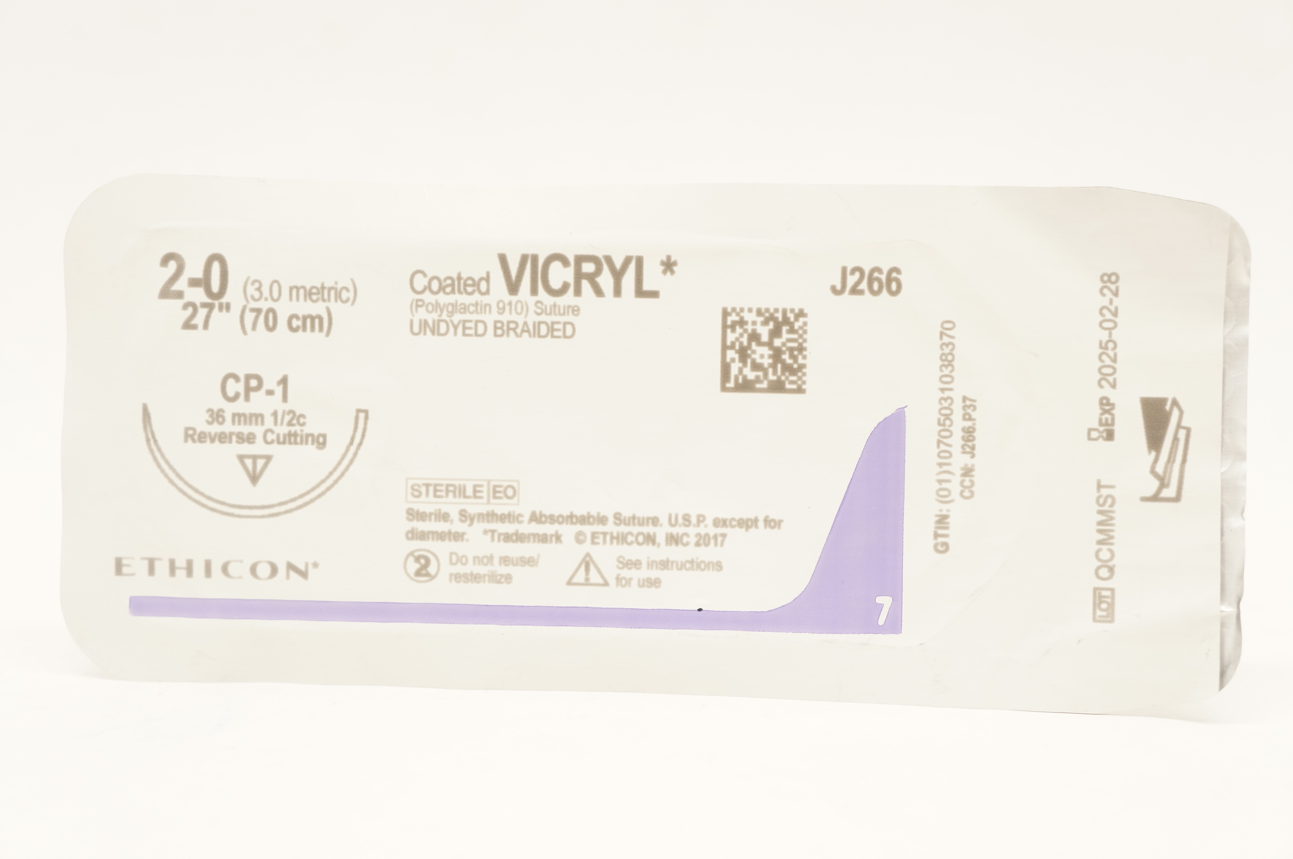 Ethicon J266 2-0 VICRYL CP-1 36mm 1/2c Reverse Cutting 27inch