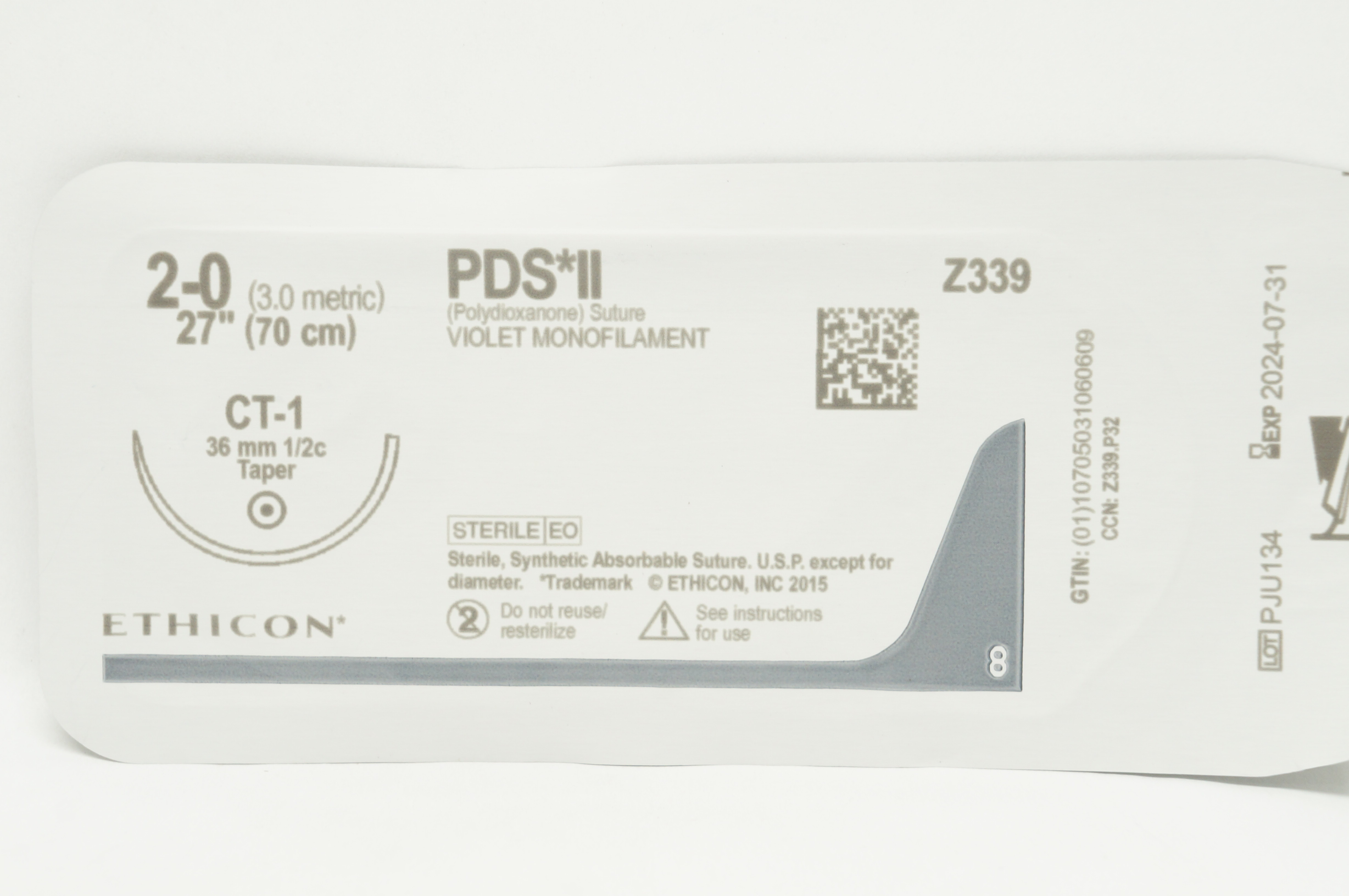 Ethicon Z339 2-0 PDS II, CT-1, 36mm 1/2c Taper, 27inch