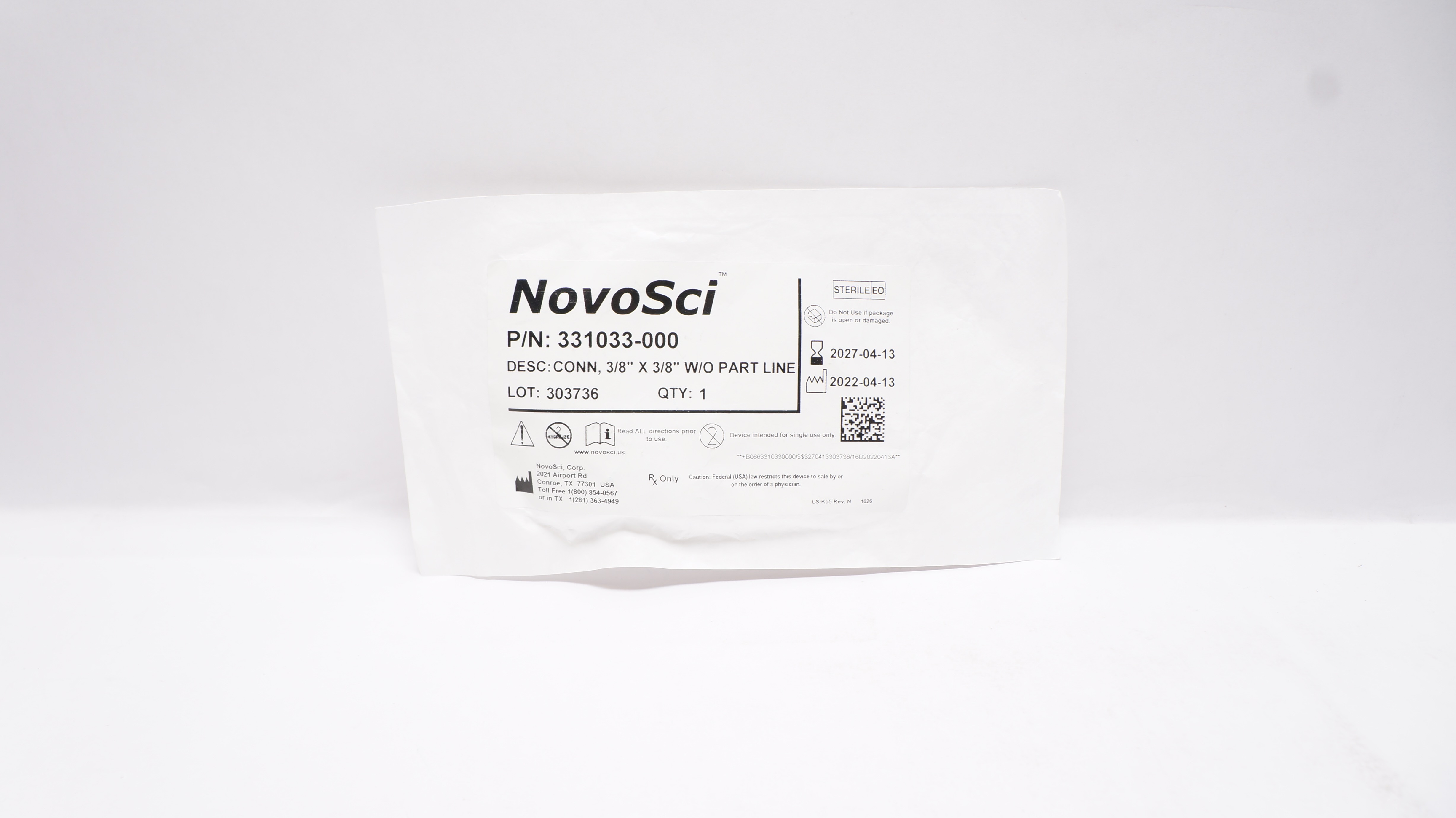 NovoSci 331033-000 Connector w/o Part Line, 3/8inch x 3/8inch