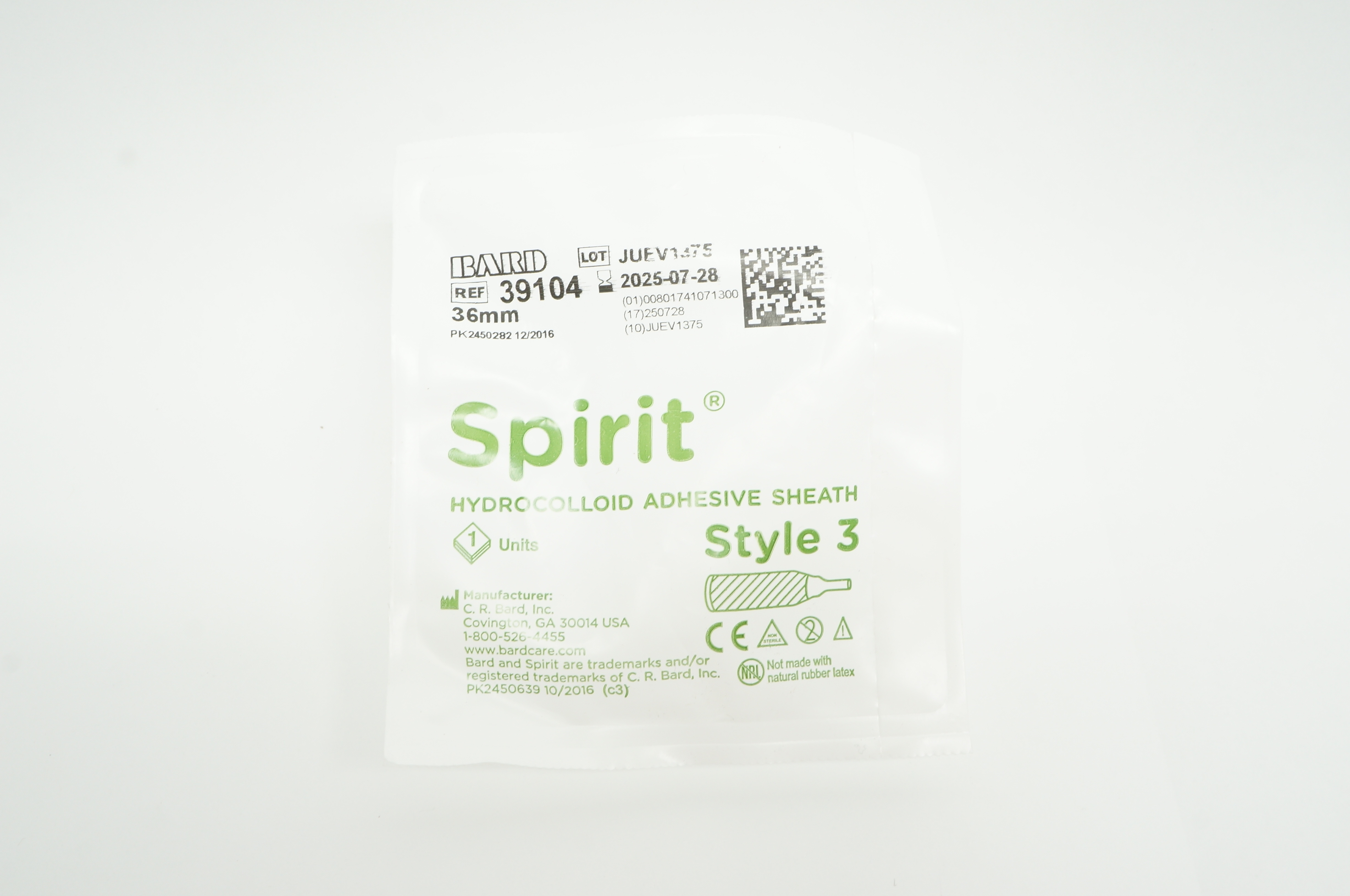 Bard 39104 Spirit Hydrocolloid Adhesive Sheath Style 3, 36mm