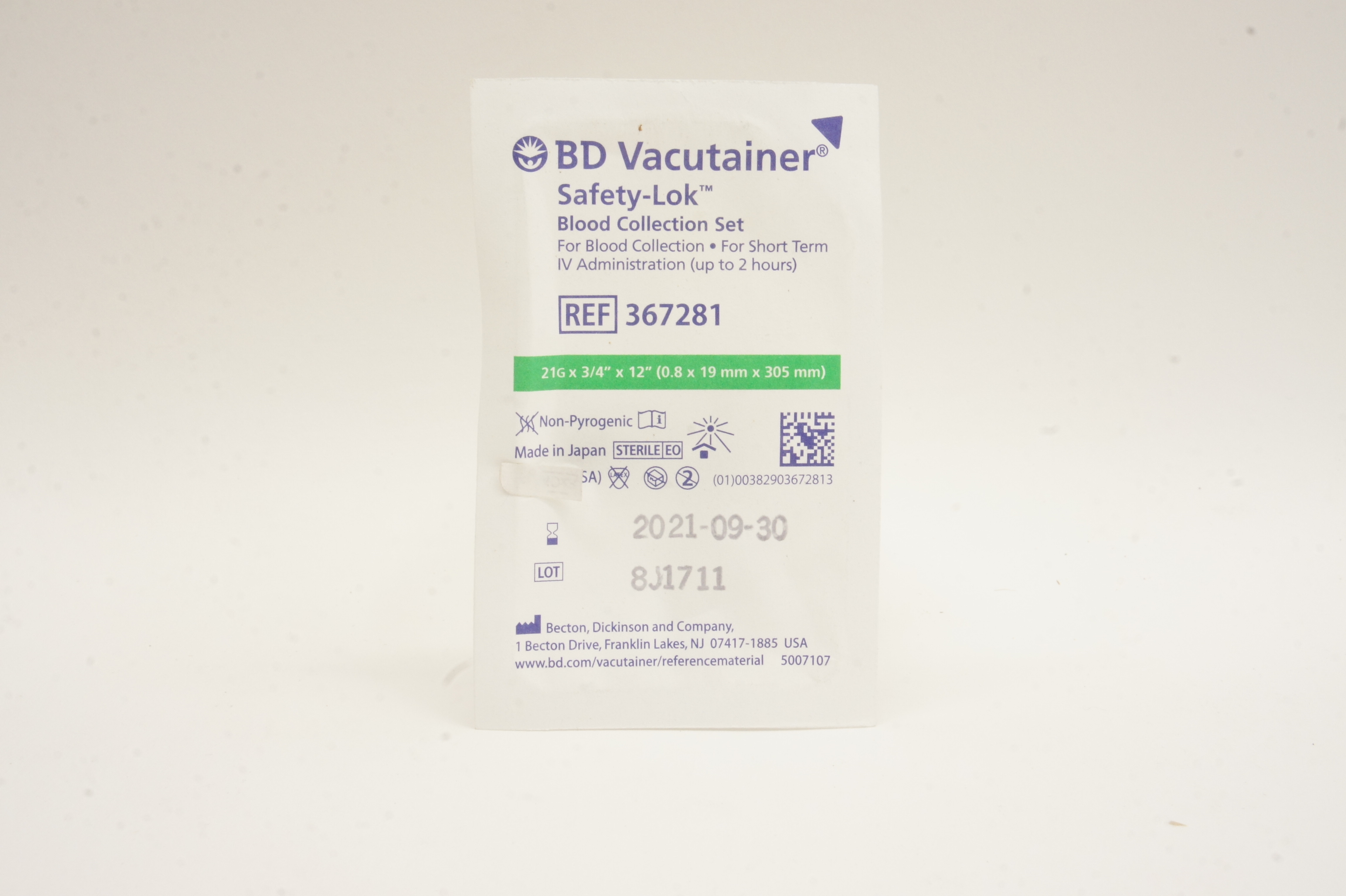BD 367281 Vacutainer Safety-Lok Blood Collection Set 21G x 3/4inch x 12inch (x)