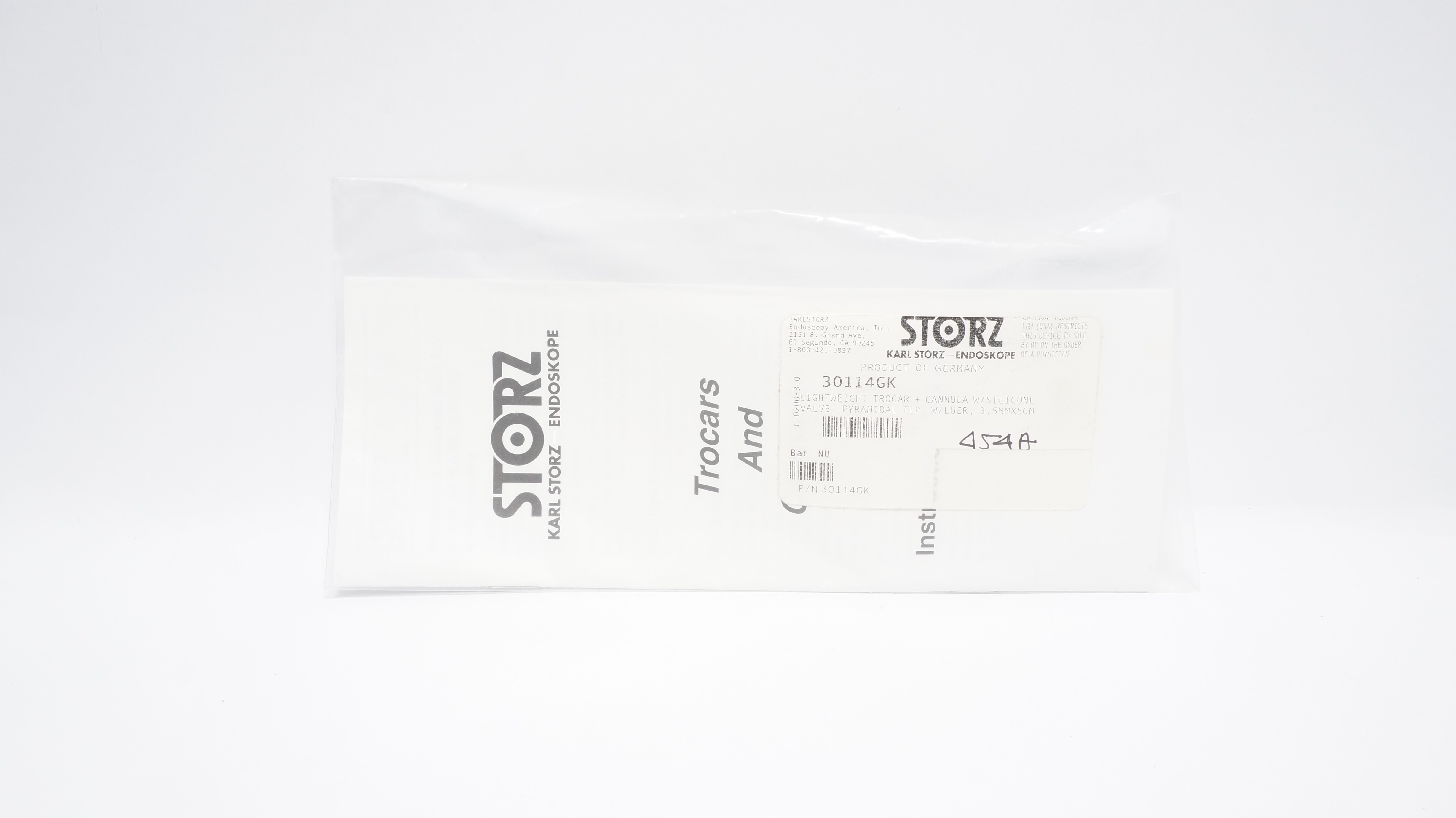 Karl Storz 30114GK Trocar + Cannula w/Silicone Valve Pyramidal Tip , 3.5mm x 5cm