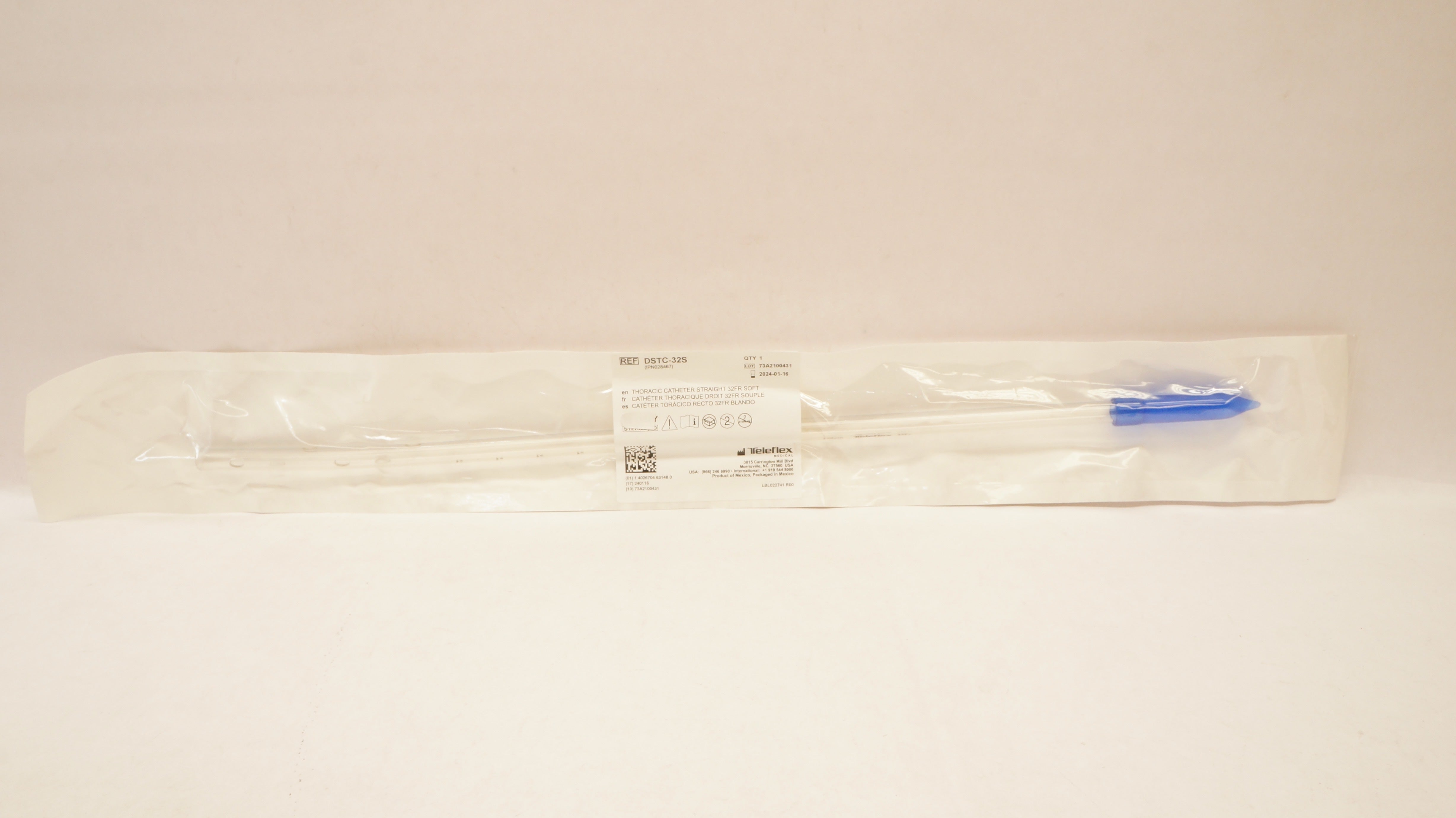 Teleflex DSTC-32S Thoracic Catheter Straight  Soft 32Fr