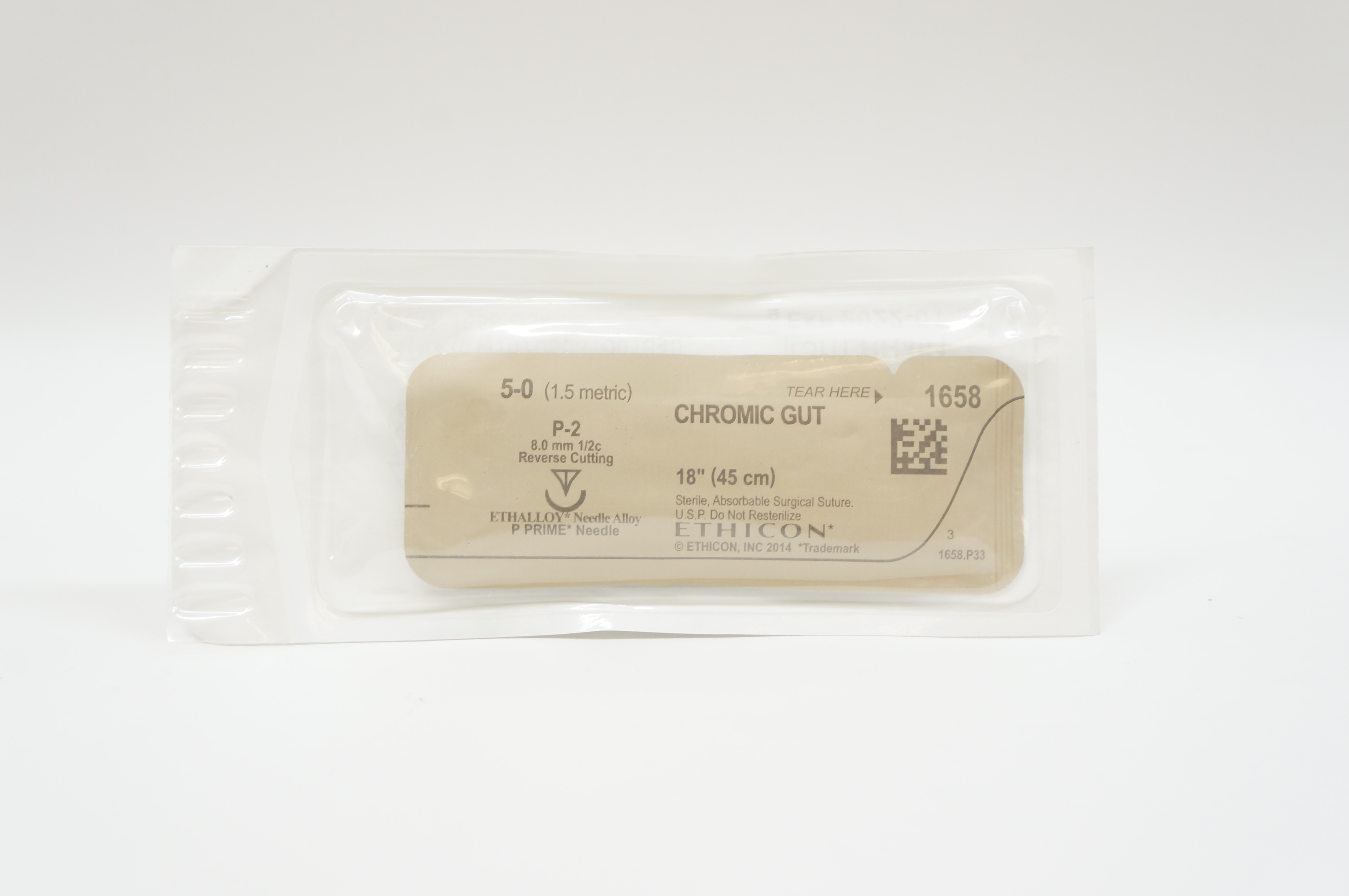 Ethicon 1658 5-0 CHROMIC GUT, P-2, 8.0mm 1/2c Reverse Cutting, 18inch