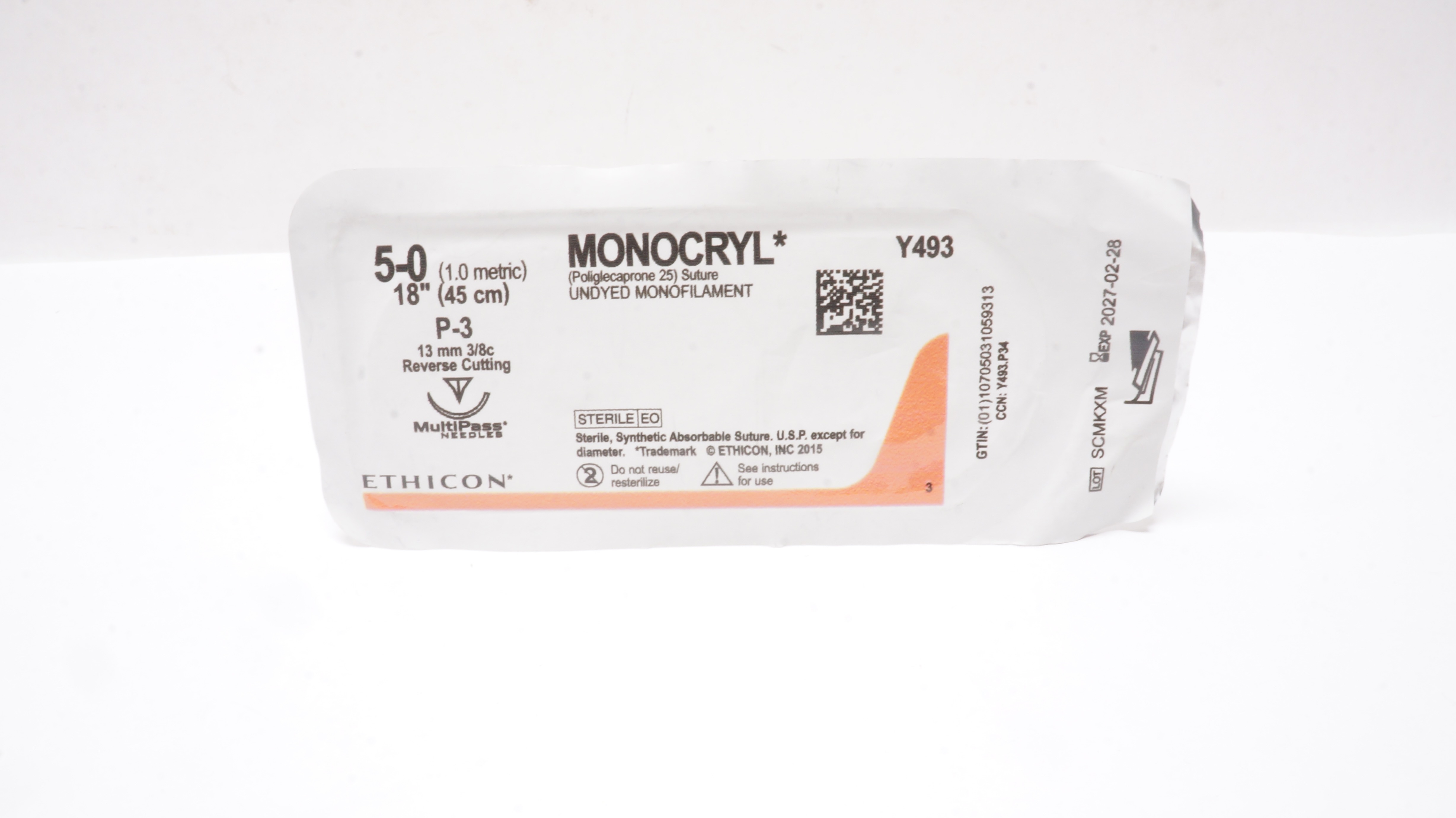 Ethicon Y493 5-0 MONOCRYL Undyed Monofilament P-3 13mm 3/8c Reverse Cutting18in.