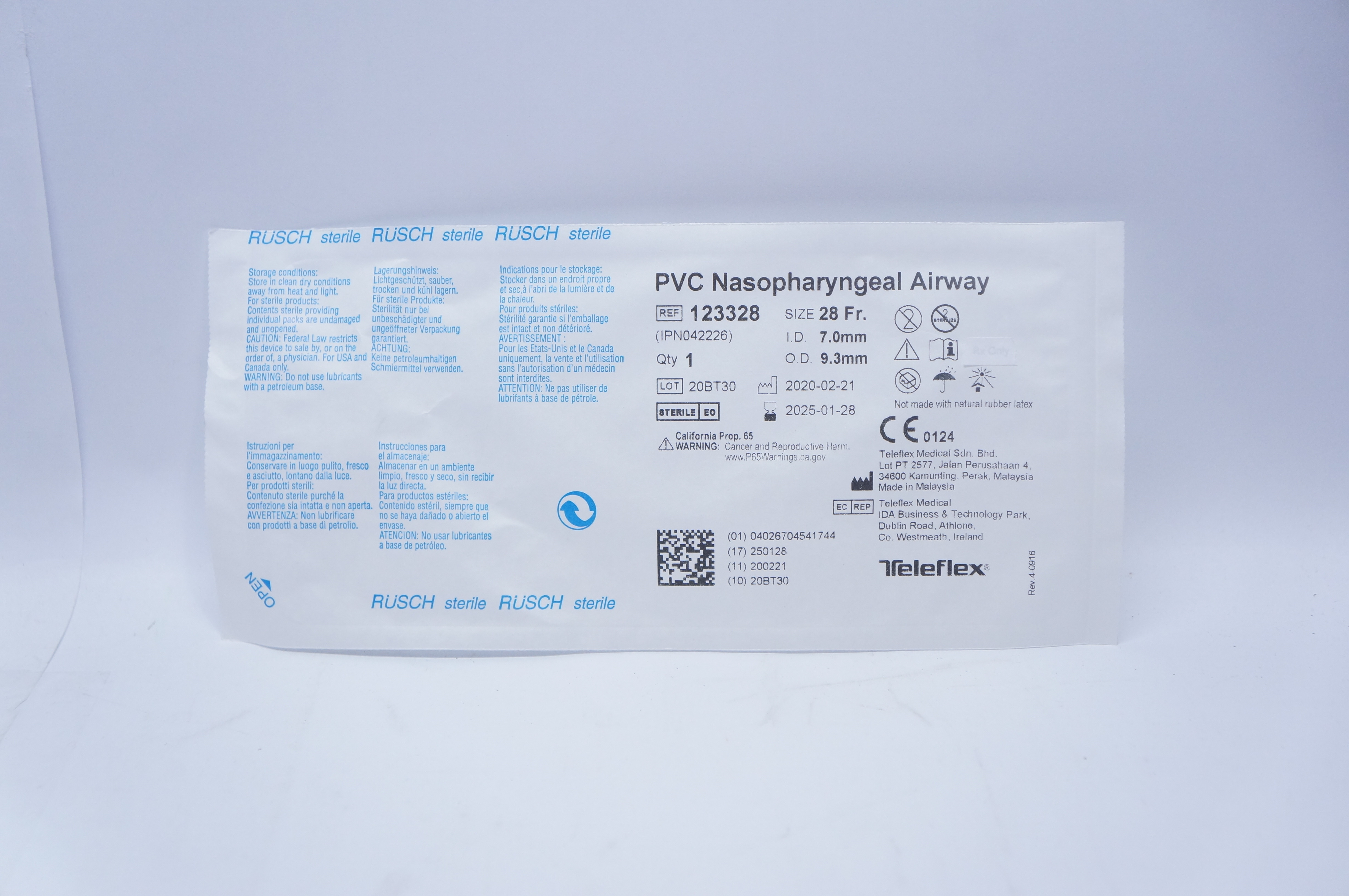 Teleflex 123328 PVC Nasopharyngeal Airway  28 Fr. 7.0mm x 9.3mm