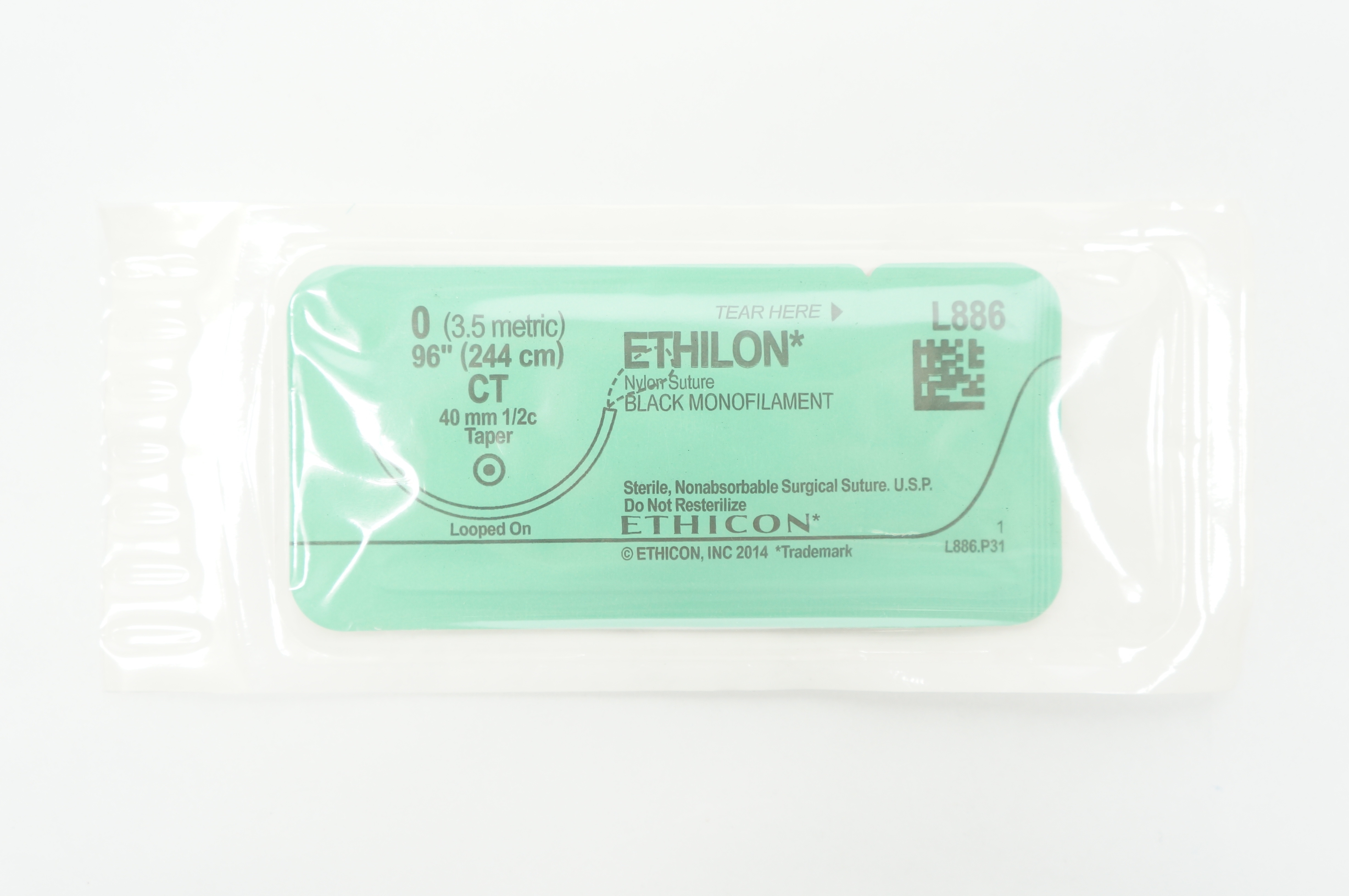 Ethicon L886 0 Ethilon Nylon Stre Black Monofilament CT 40mm 1/2c Taper, 96inch