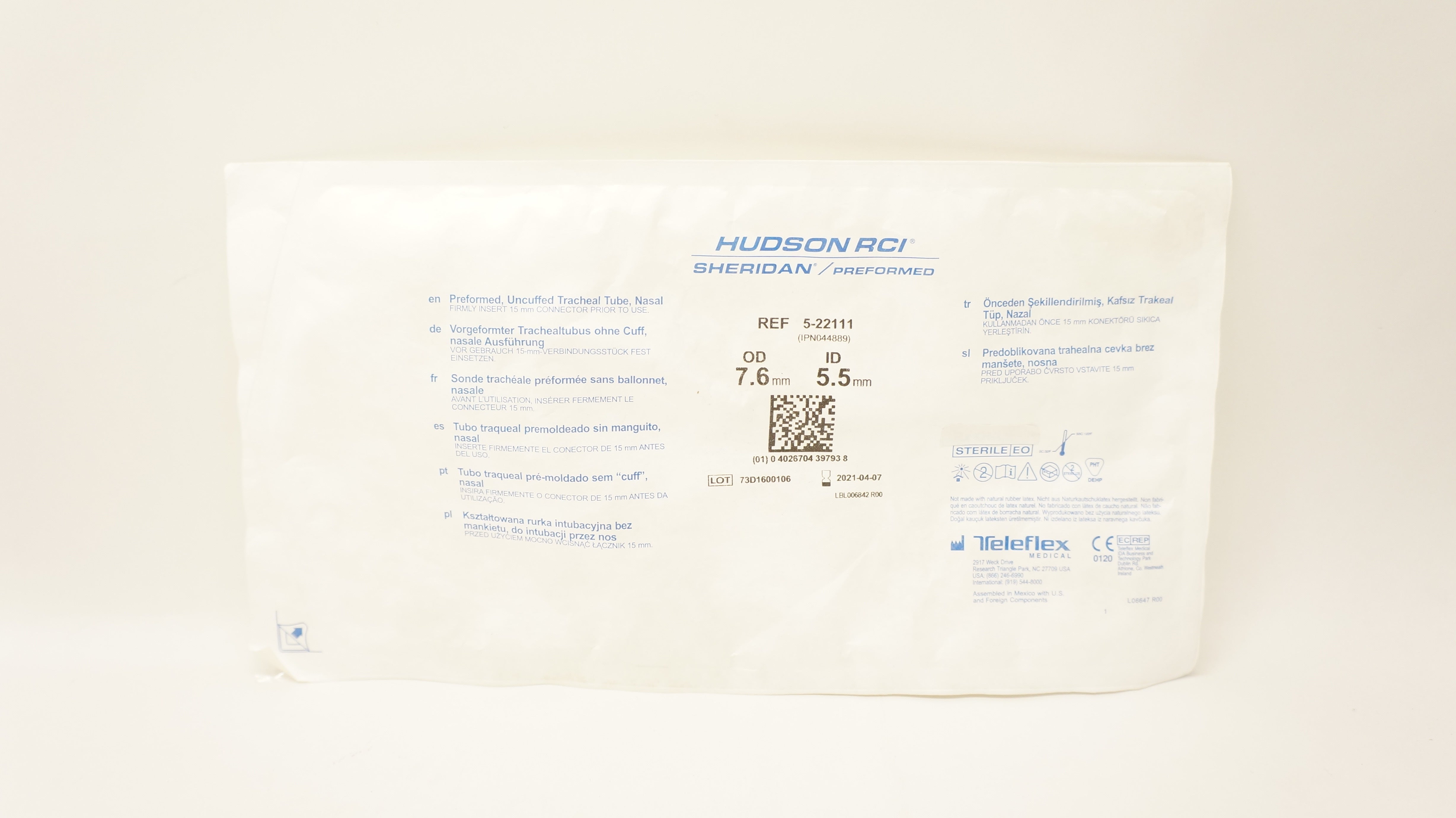 Teleflex 5-22111 Hudson RCI Sheridan Preformed Tracheal Tube 5.5ID x 7.6mmOD (x)