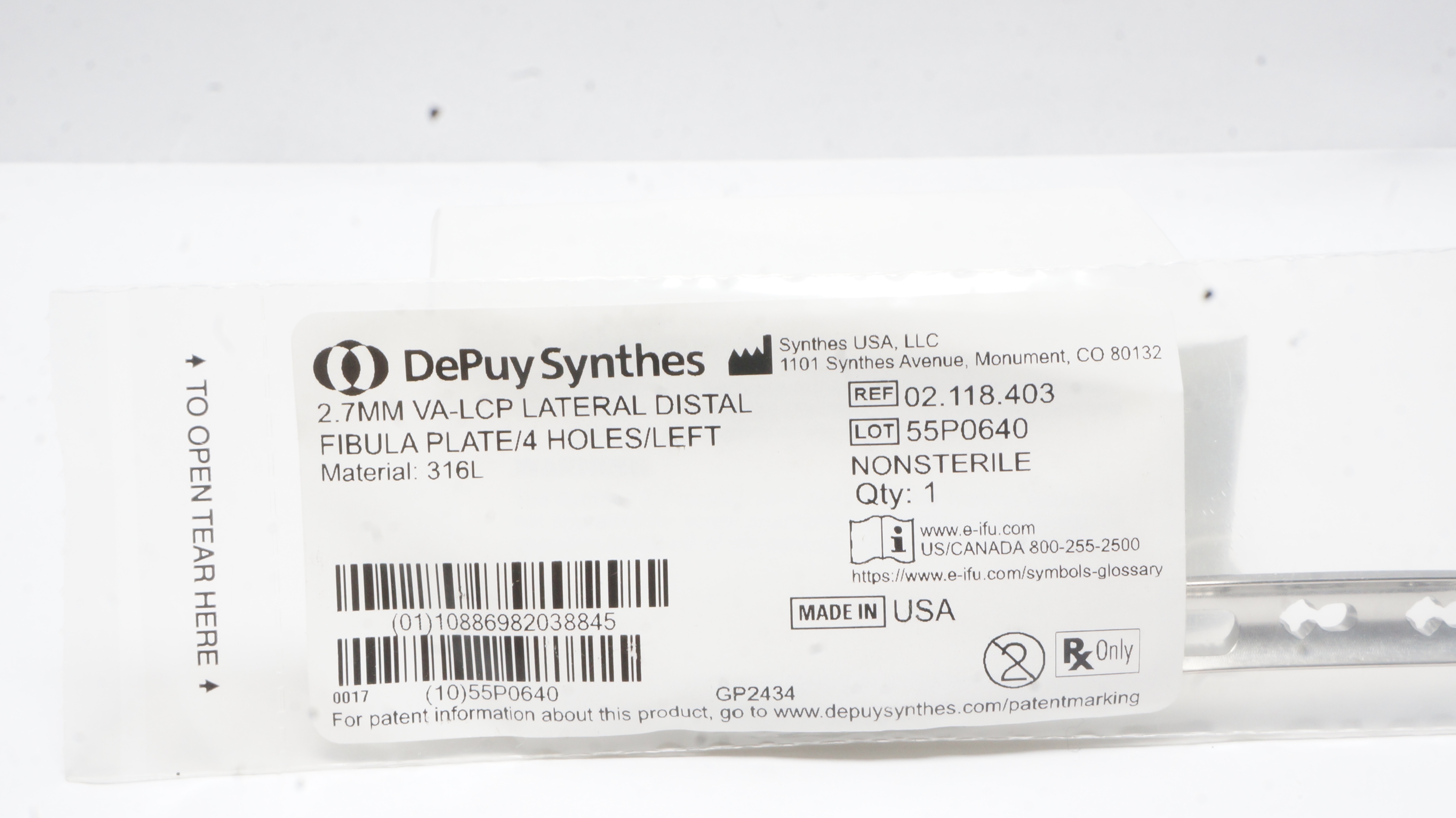 DePuy Synthes 02.118.403 2.7mm VA-LCP Lateral Distal Fibula Palte/4Holes/Left