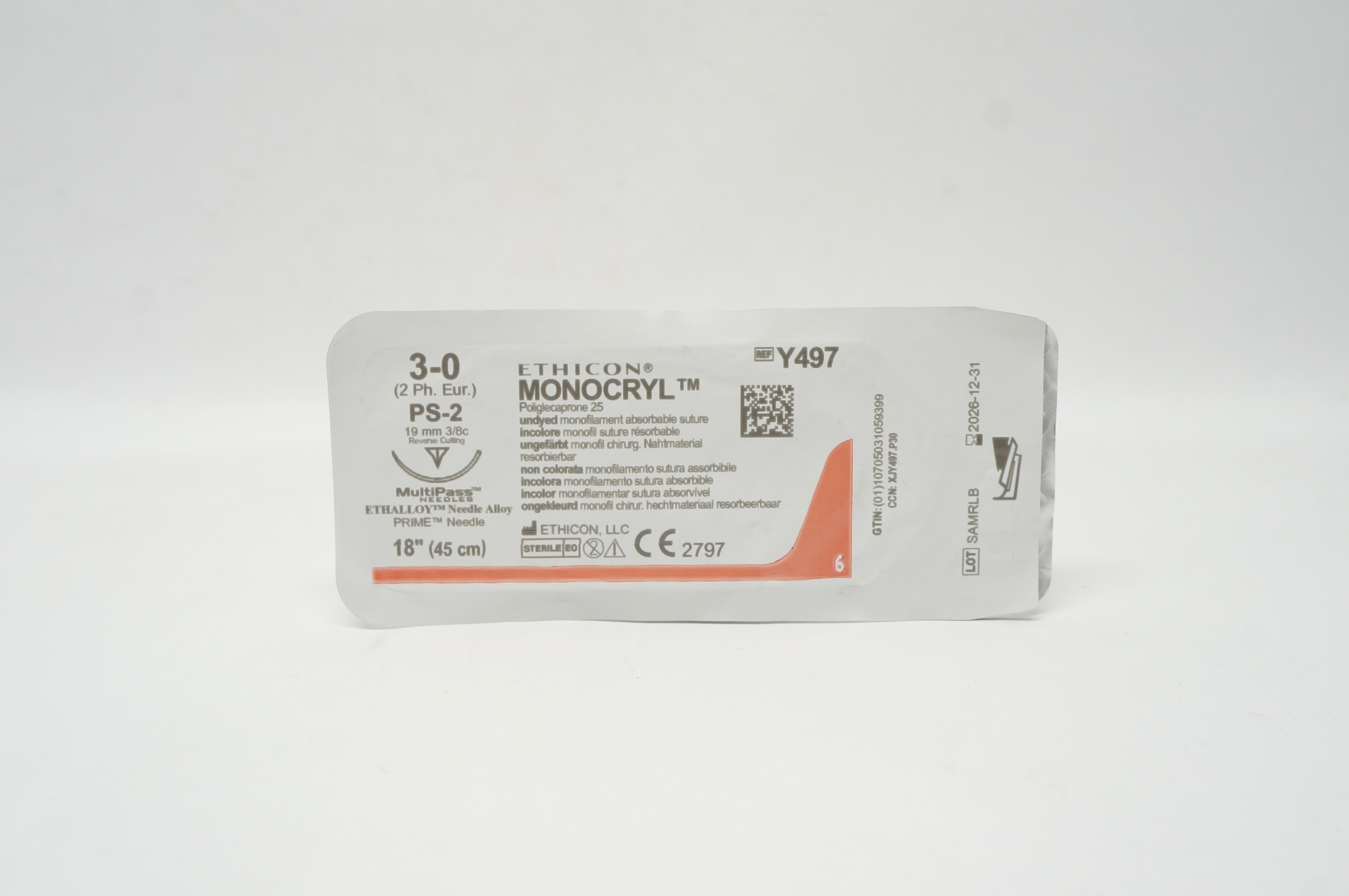 Ethicon Y497 3-0 MONOCRYL Stre PS-2 19mm 3/8c Reverse Cutting, 18inch
