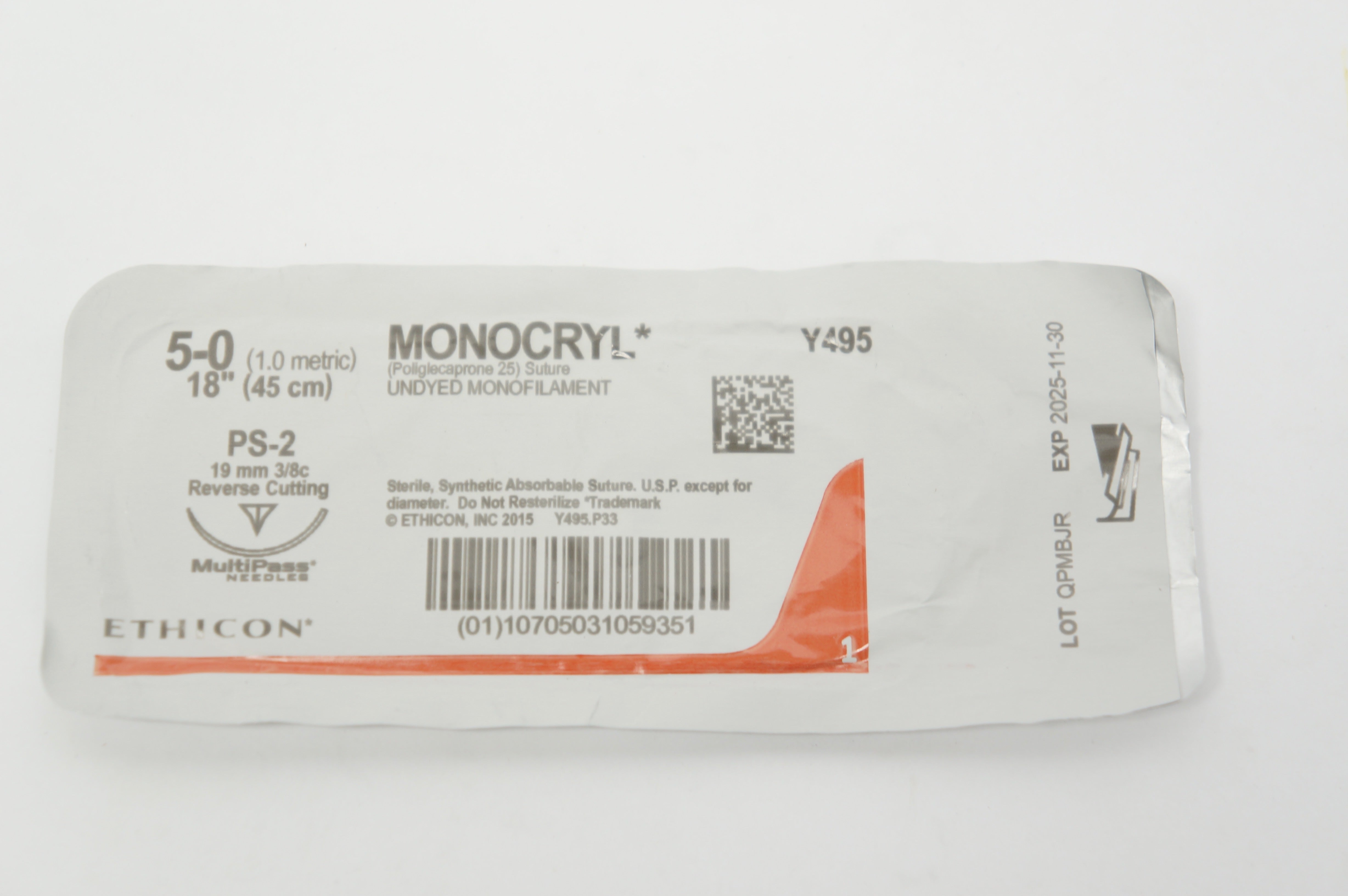 Ethicon Y495 5-0 MONOCRYL, PS-2, 19mm 3/8c Reverse Cutting, 18inch