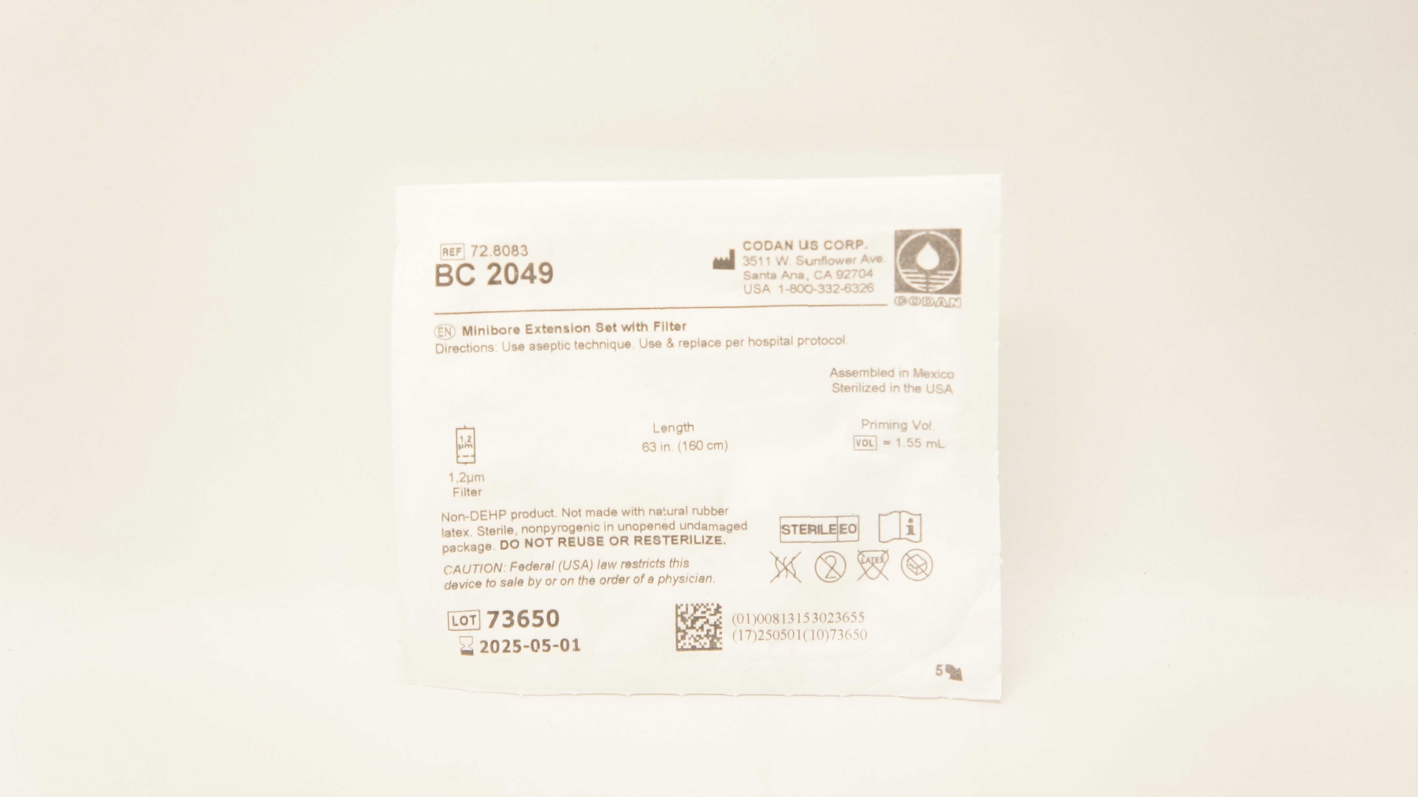 Codan 72.8083 Minibore Extension Set With Filter 63 inch x 1.2µm