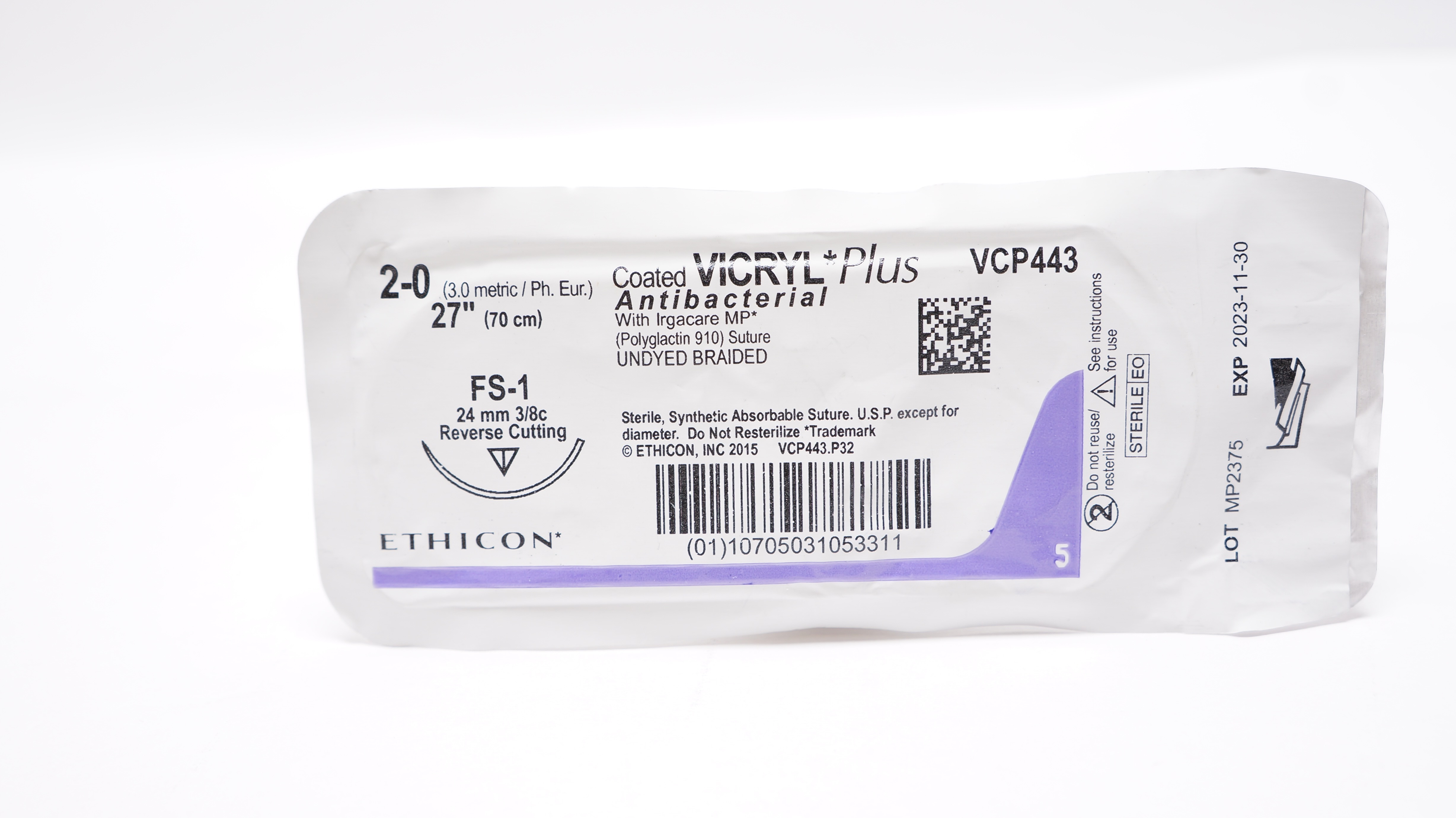Ethicon VCP443 2-0 VICRYL Plus Stre, FS-1 24mm 3/8c Reverse Cutting 27inch