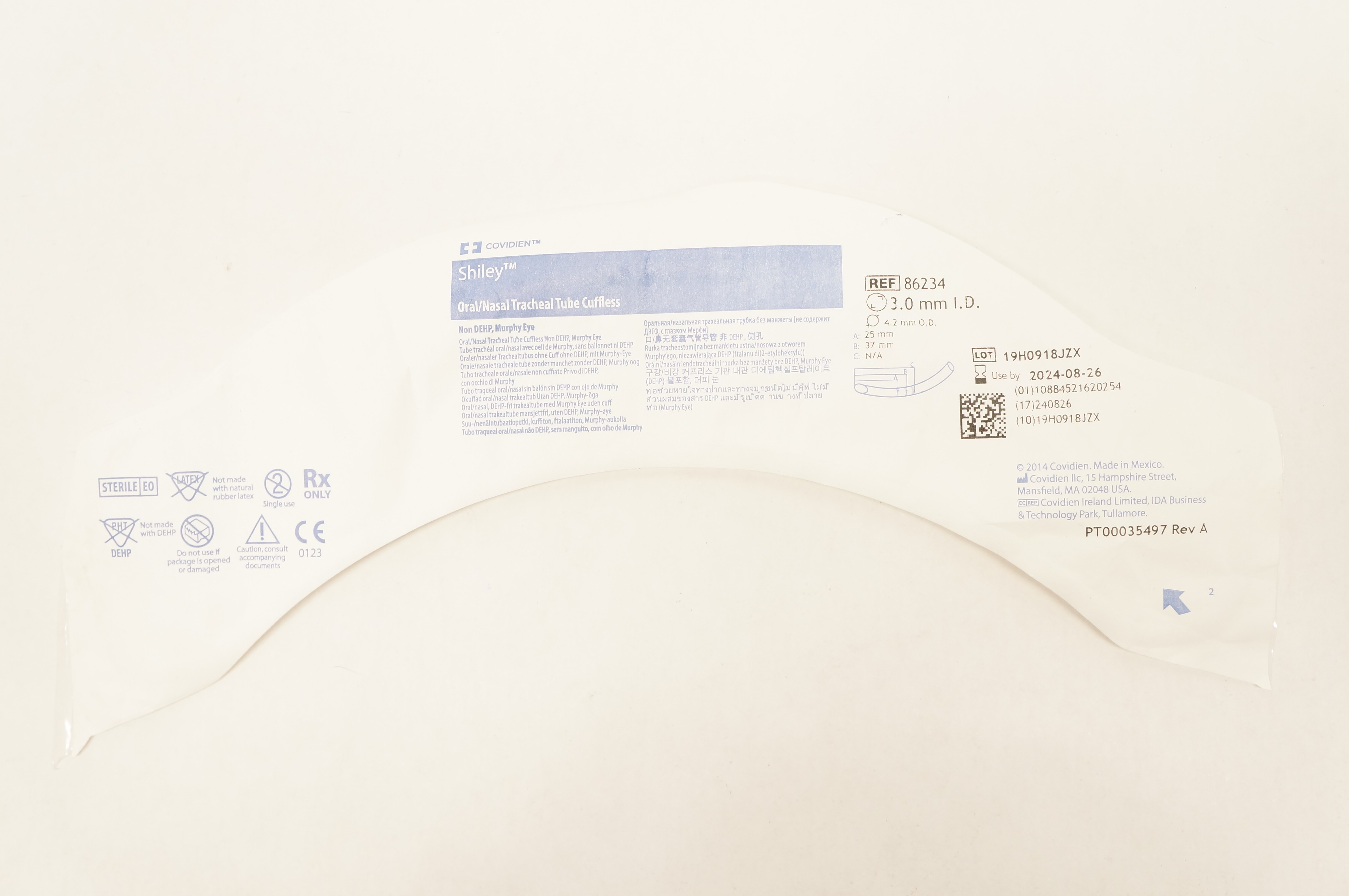 Covidien 86234 Shiley Oral/Nasal Tracheal Tube Cuffless 3.0mm I.D. x 4.2mm O.D.